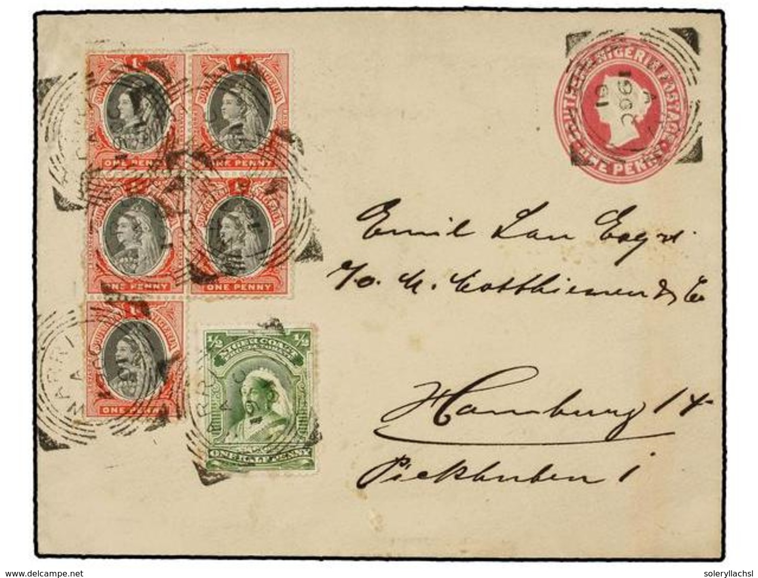 3121 NIGERIA. 1901. WARRI To GERMANY. <B>1 D.</B> Envelope Uprated <B>1 D.</B> Black And Red (5) And <B>1/2 P.</B>, Arri - Sonstige & Ohne Zuordnung