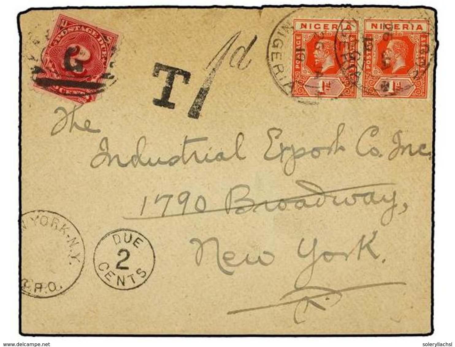 3124 NIGERIA. 1919. NIGERIA To NEW YORK. <B>1 D.</B> Red (2) Taxed On Arrival With U.S.A.<B> 2 Cents</B> Stamp (fault). - Sonstige & Ohne Zuordnung