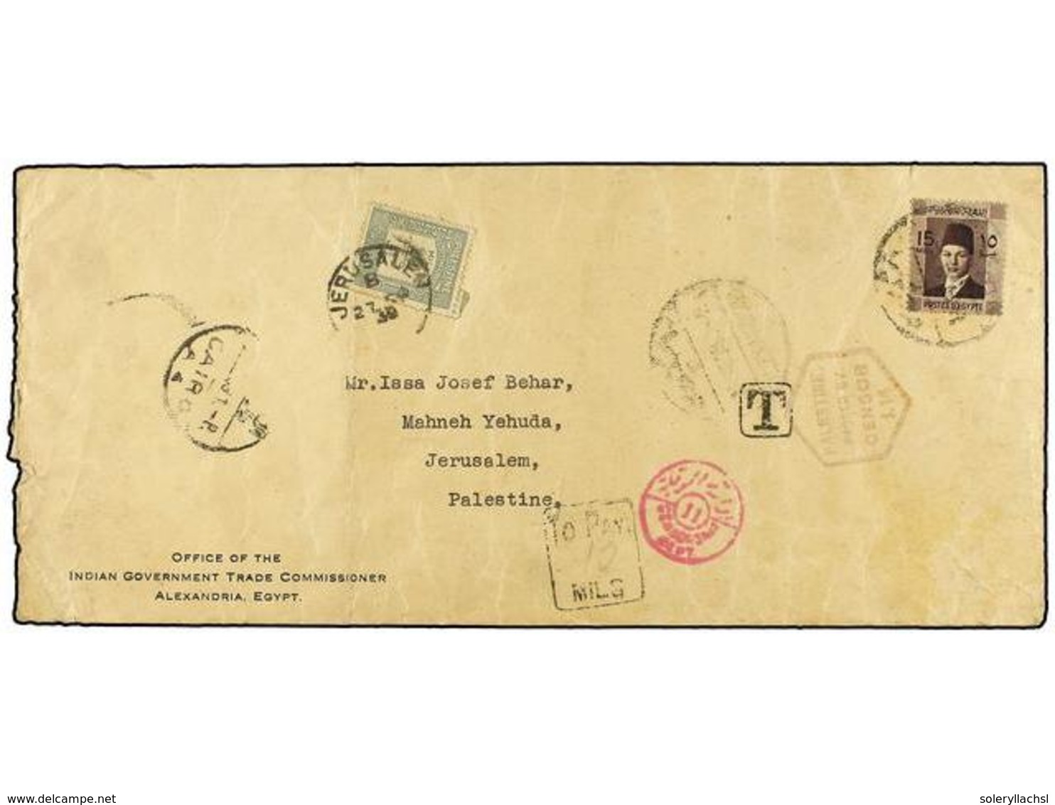 3129 PALESTINA. 1932. ALEXANDRIA To JERUSALEM. <B>15 Mils</B> Violet, Taxed On Arrival With Palestinian <B>10 Mils</B> G - Sonstige & Ohne Zuordnung