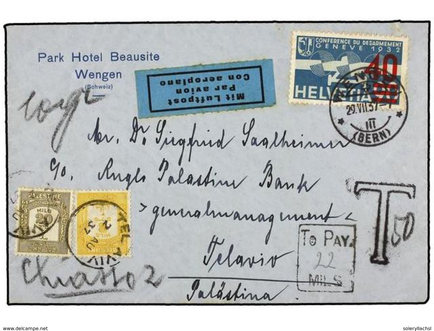 3131 PALESTINA. 1937. WENGEN (Switzerland) To TEL AVIV. <B>40 On 90 Rp.</B> Blue, Taxed On Arrival With Palestina<B> 2 M - Other & Unclassified