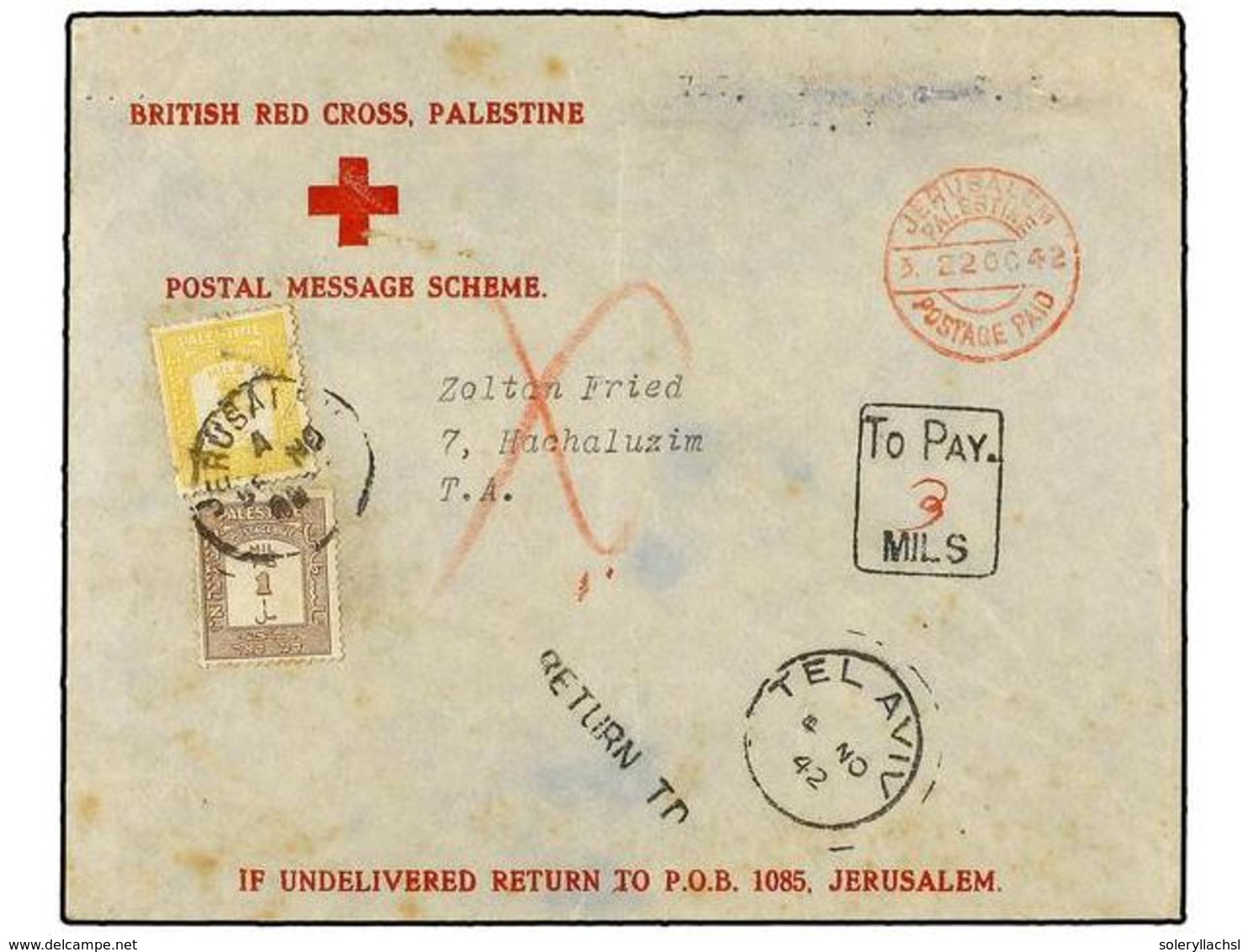 3132 PALESTINA. 1942. JERUSALEM To TEL AVIV. RED CROSS Envelope With <B>POSTAGE PAID </B>taxed With Palestina <B>1 M. </ - Other & Unclassified