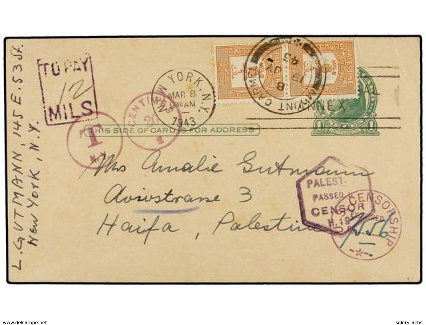 3133 PALESTINA. 1945. NEW YORK To HAIFA. <B>1 Cent. </B>green Postal Stationary Card Taxed On Arrival With Palestine <B> - Other & Unclassified