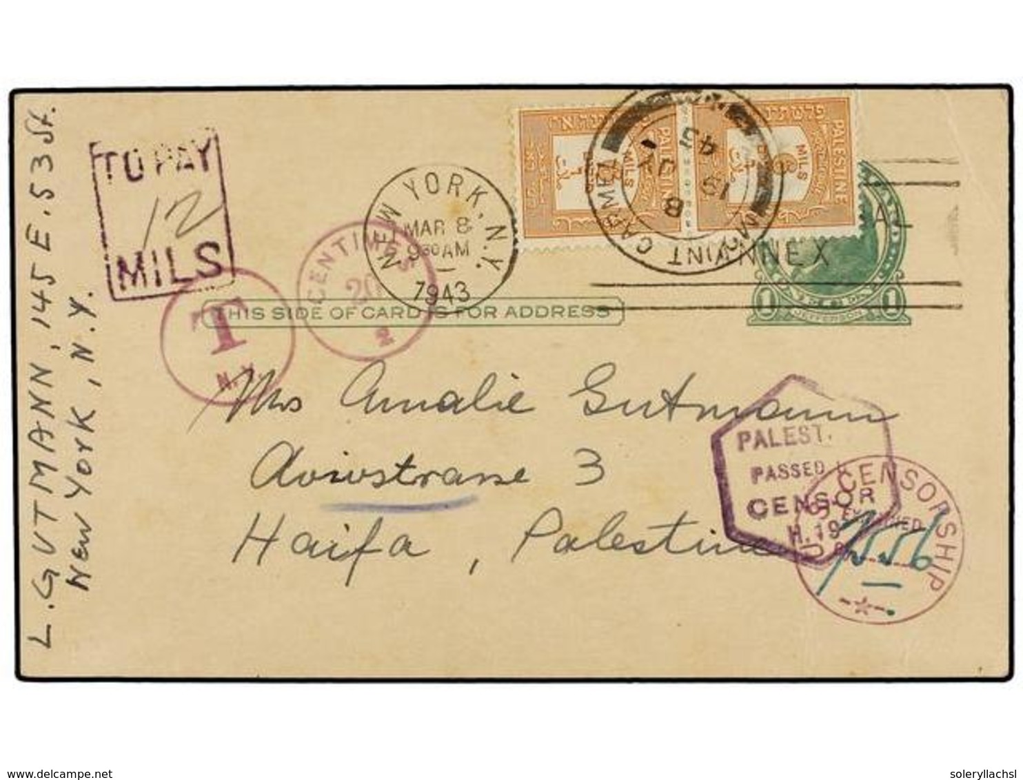 3133 PALESTINA. 1945. NEW YORK To HAIFA. <B>1 Cent. </B>green Postal Stationary Card Taxed On Arrival With Palestine <B> - Sonstige & Ohne Zuordnung