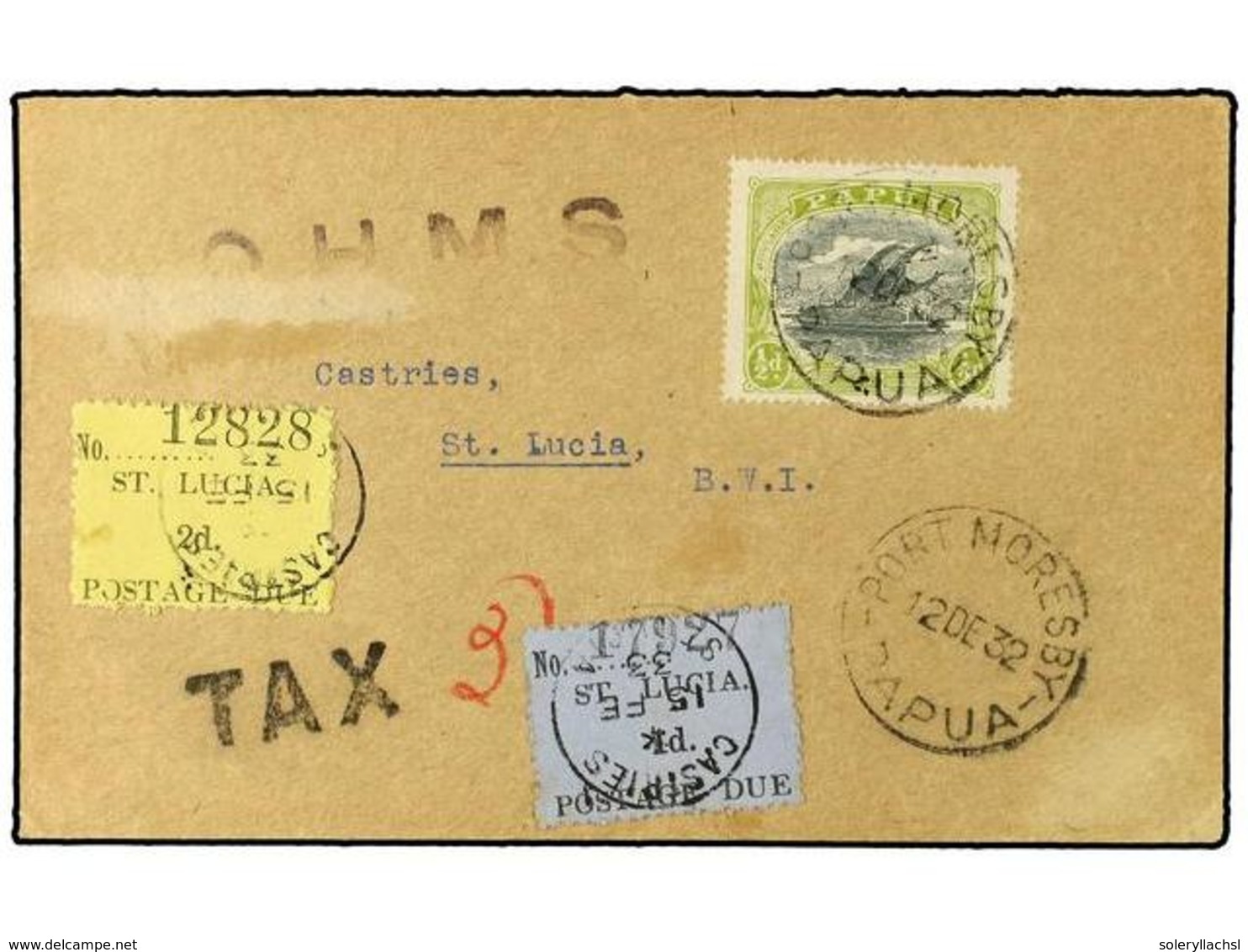 3134 PAPUA Y NUEVA GUINEA. 1932 (Dec 12). <B>'Panton'</B> Cover To Castries Under-franked By 1919 <B>½d</B>. Tied By <B> - Andere & Zonder Classificatie