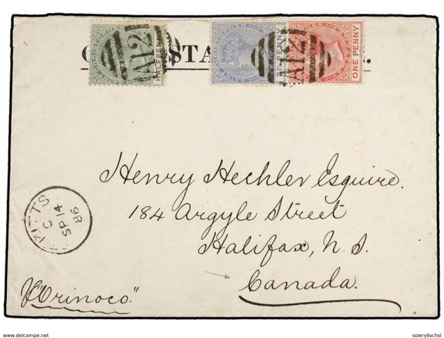 3138 SAN CRISTOBAL. 1886. ST. KITTS To CANADA. <B>1/2 P. </B> Green, <B>1 P.</B> Red And <B>2 1/2 P. </B>blue Tied By <B - Other & Unclassified