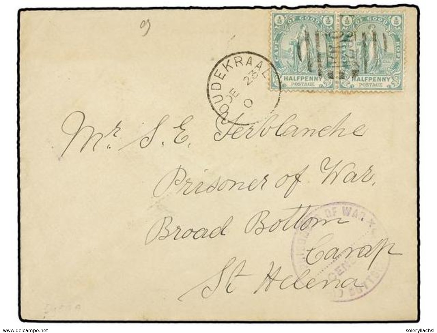 3142 SANTA HELENA. 1901. <B>BOER WAR</B>. OUDEKRAAL (South Africa) To A Prisoner Of War In ST. HELENA Franked By Two Cap - Autres & Non Classés