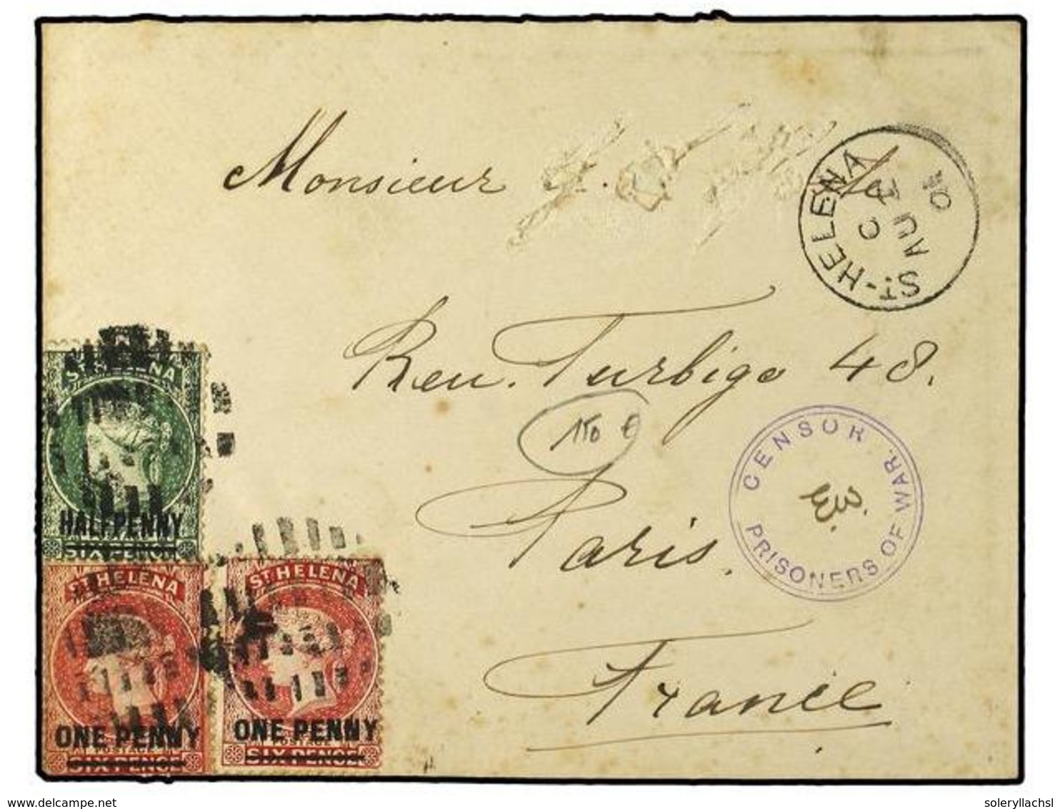3143 SANTA HELENA. 1901 (Aug 2). Cover To Paris From POW, Franked By <B>½d</B>. Green And Two <B>1d</B>. Red Tied By Bar - Sonstige & Ohne Zuordnung