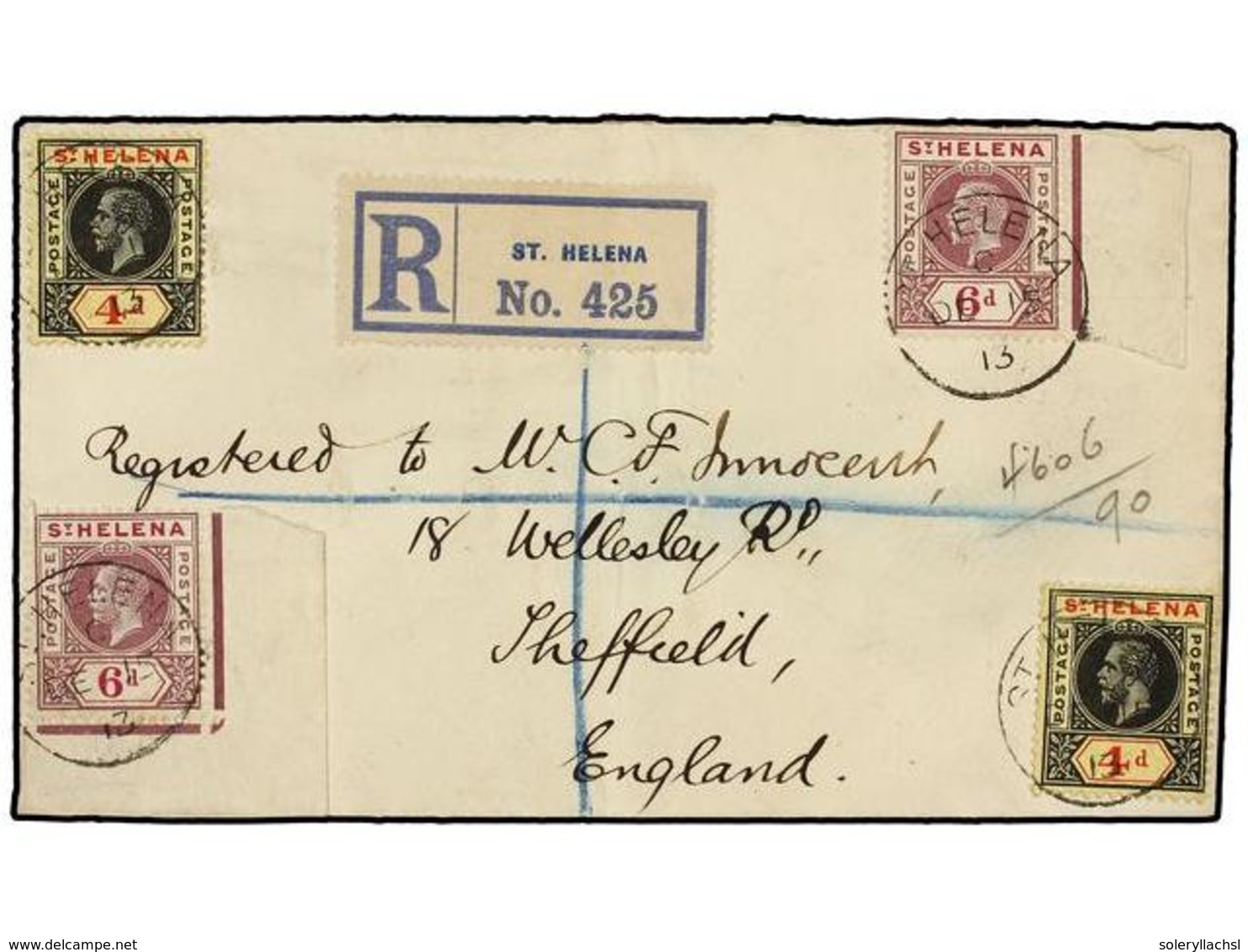 3146 SANTA HELENA. Sc.85/86 (2). 1913. ST. HELENA To ENGLAND. <B>4 D.</B> (2) And <B>6 D.</B> (2) Send Registered Arriva - Other & Unclassified