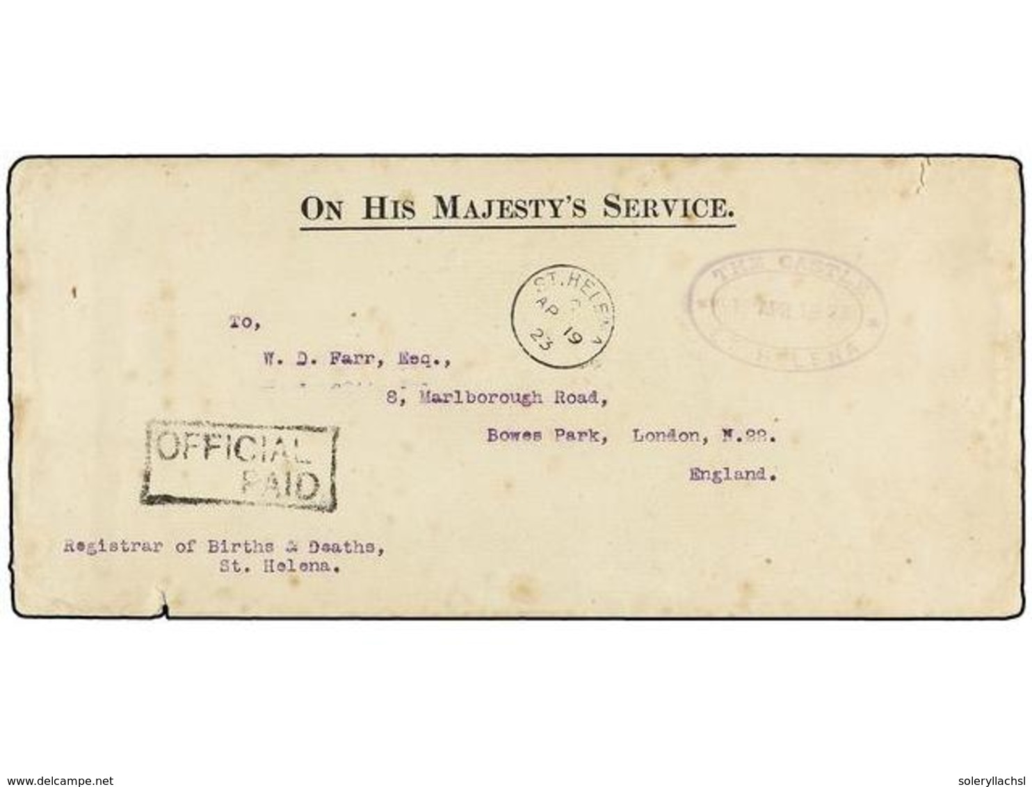 3148 SANTA HELENA. 1923. THE CASTLE To ENGLAND. Large Envelope <B>O.H.M.S.</B> With <B>OFFICIAL/PAID</B>  Mark And <B>ST - Other & Unclassified