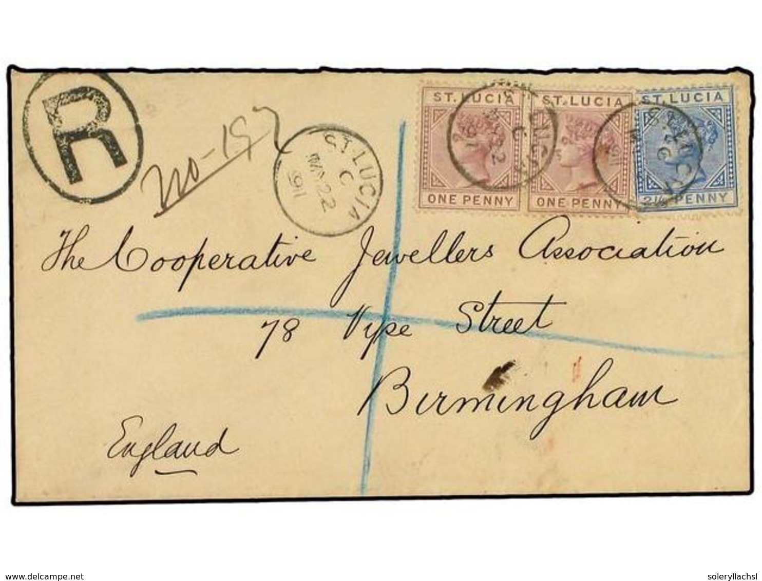 3151 SANTA LUCIA. 1891. Registered Cover To BIRMINGHAM With <B>2x 1 D.</B> Dull Mauve And <B>2 1/2 D.</B> Ultramarine Fo - Other & Unclassified