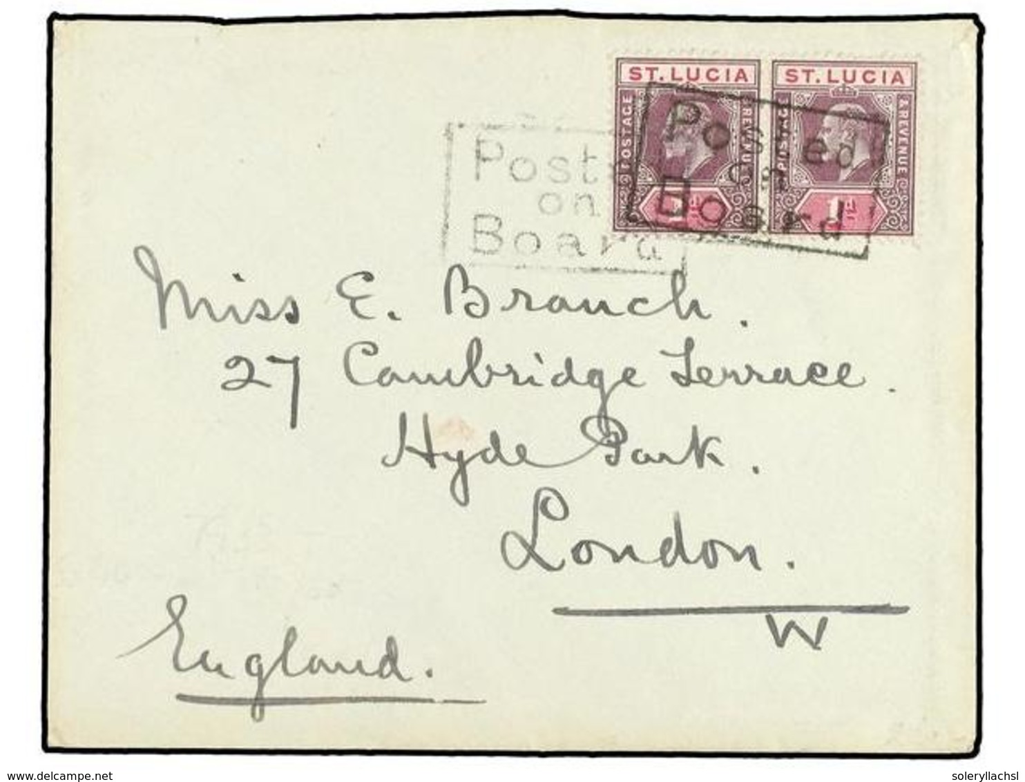 3152 SANTA LUCIA. 1905 (June 3). Cover To LONDON Franked By 1902 <B>1d.</B> Dull Purple & Carmine Pair Tied By Framed <B - Sonstige & Ohne Zuordnung