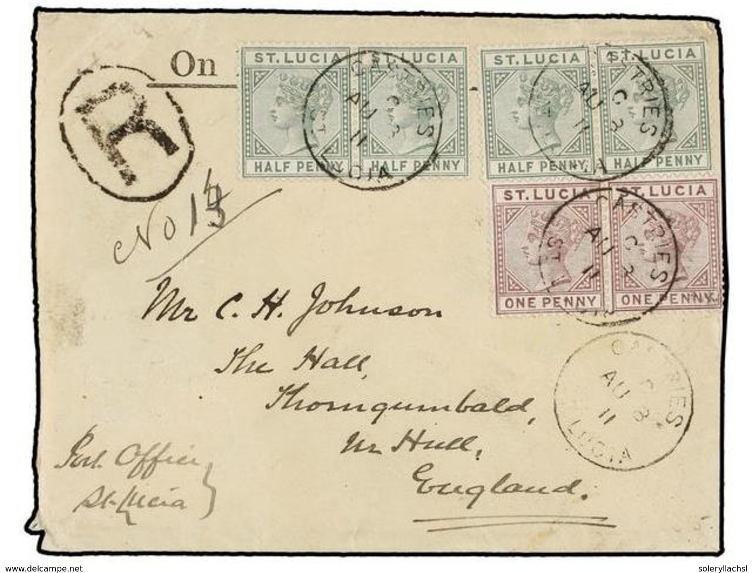 3153 SANTA LUCIA. 1911. CASTRIES To ENGLAND. <B>1/2 D.</B> Green (4) And <B>1 P.</B> Lilac (2) Arrival Cds On Reverse. - Sonstige & Ohne Zuordnung