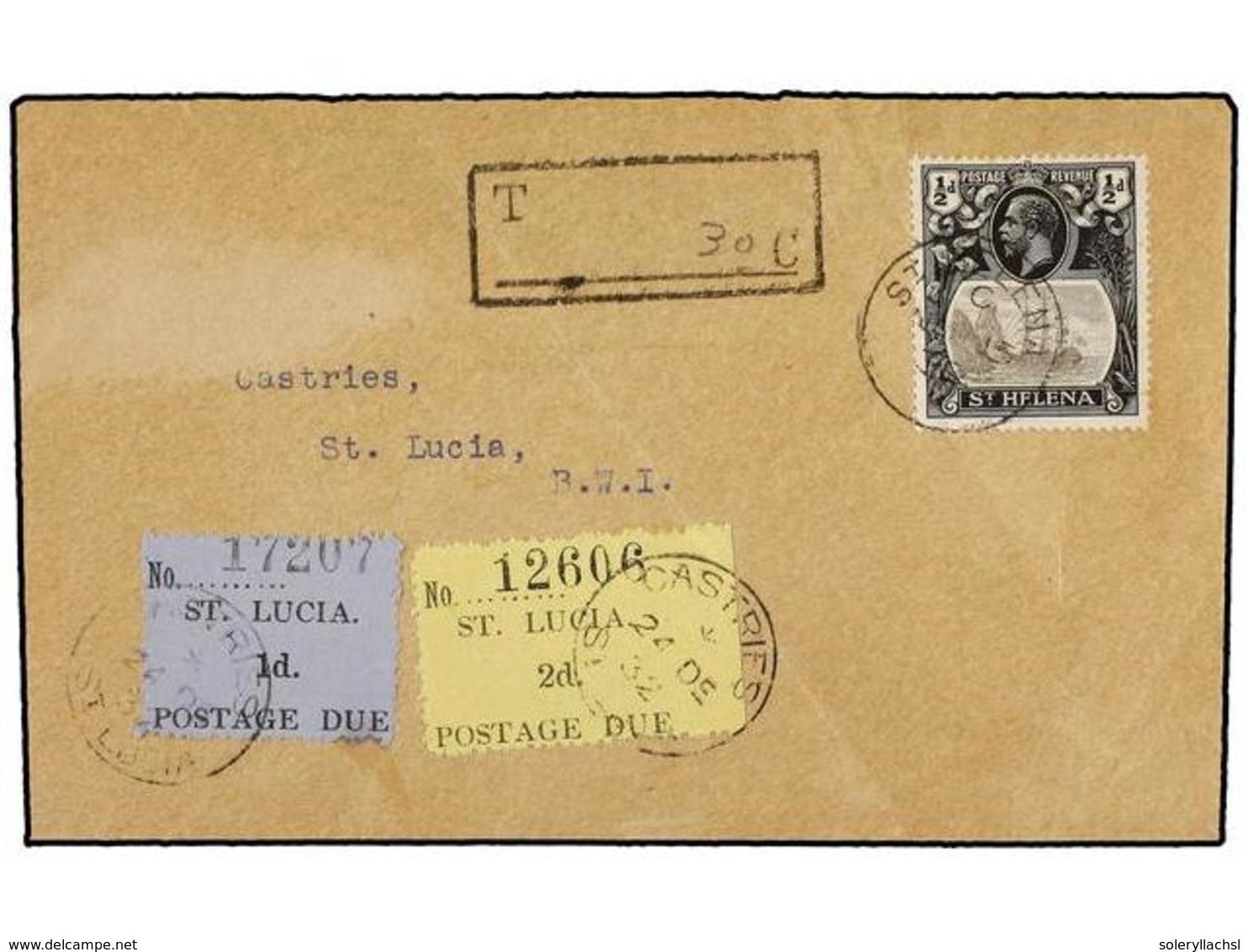 3154 SANTA LUCIA. 1932. ST. HELENA To CASTRIES. <B>1/2 P. </B>black And Grey, Taxed On Arrival With <B>ST. LUCIA</B> <B> - Other & Unclassified