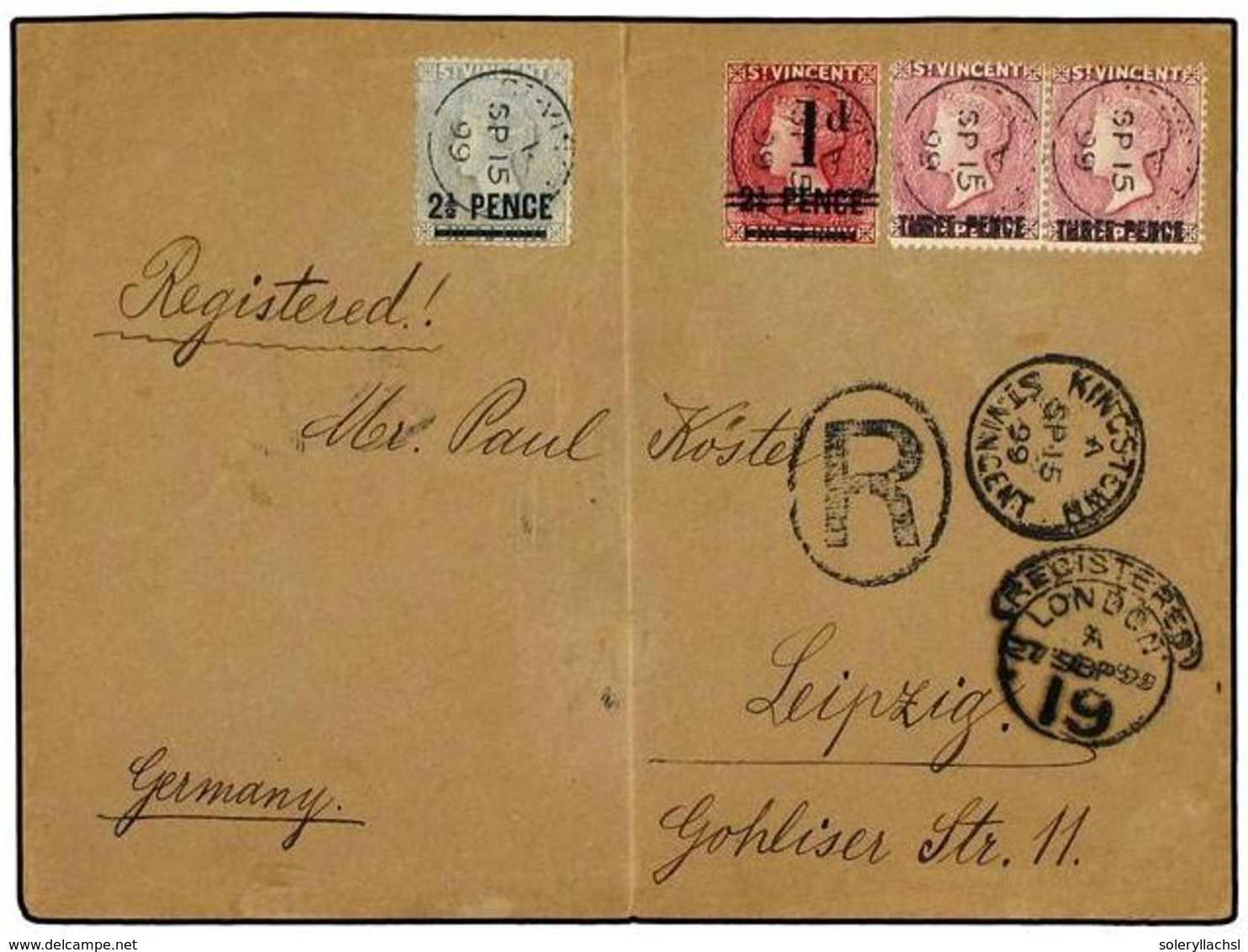 3161 SAN VICENTE. 1899. Registered Cover To GERMANY Bearing 1885 <B>1 D.</B> On <B>2.5 D.</B> On <B>1 D.</B>, 1890 Surch - Sonstige & Ohne Zuordnung