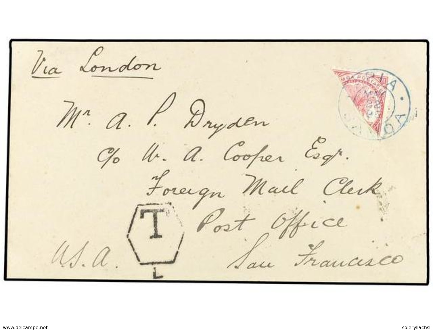 3162 SAMOA. 1895 (May 22). Cover To SAN FRANCISCO Via LONDON Franked By Diagonally Bisected 1886-1900 <B>1sh.</B> Rose ( - Other & Unclassified