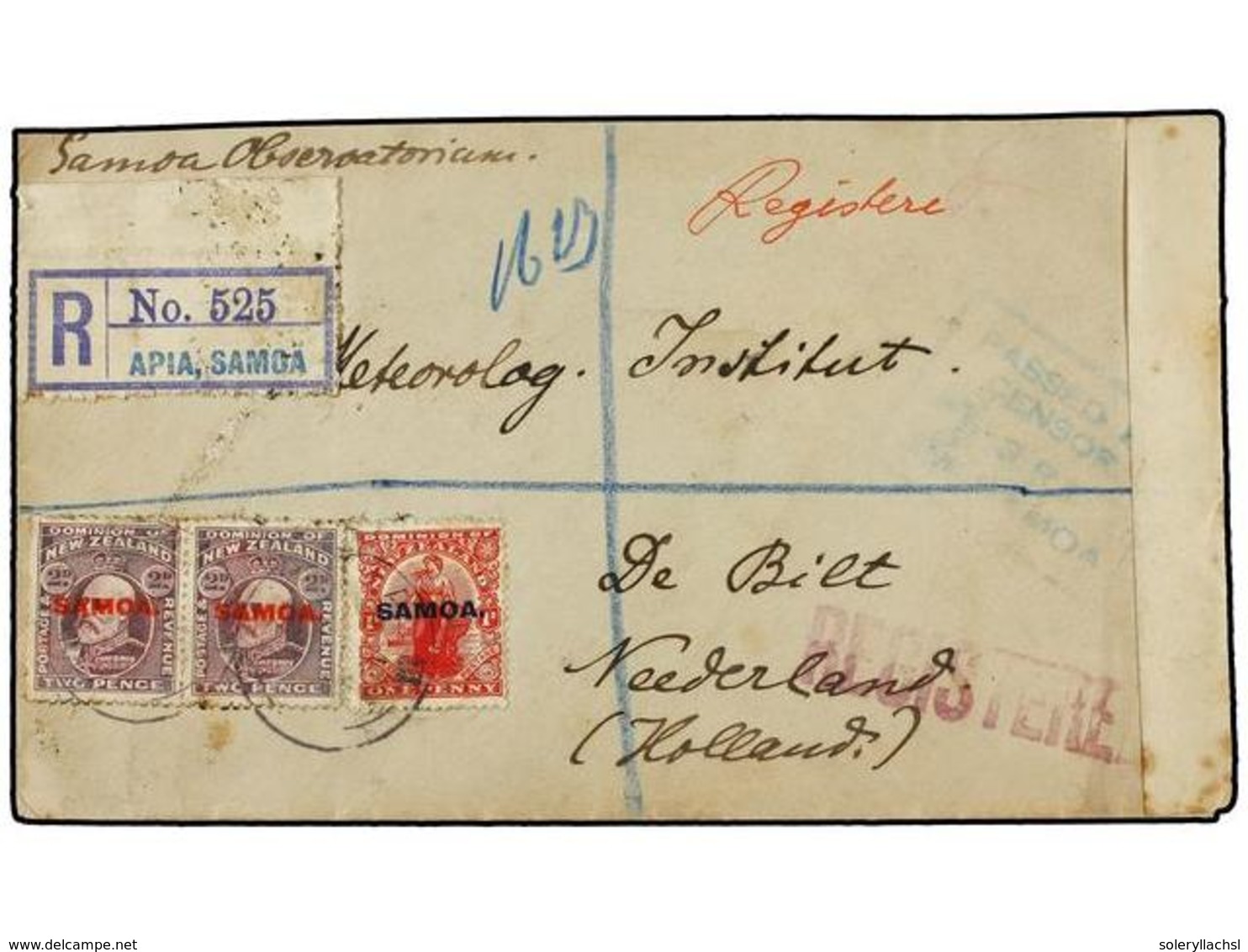 3164 SAMOA. 1917. APIA To NETHERLANDS. Registered Cover Franked By <B>1 D. </B>red And <B>2 D.</B> Purple (2). Censor Ma - Sonstige & Ohne Zuordnung