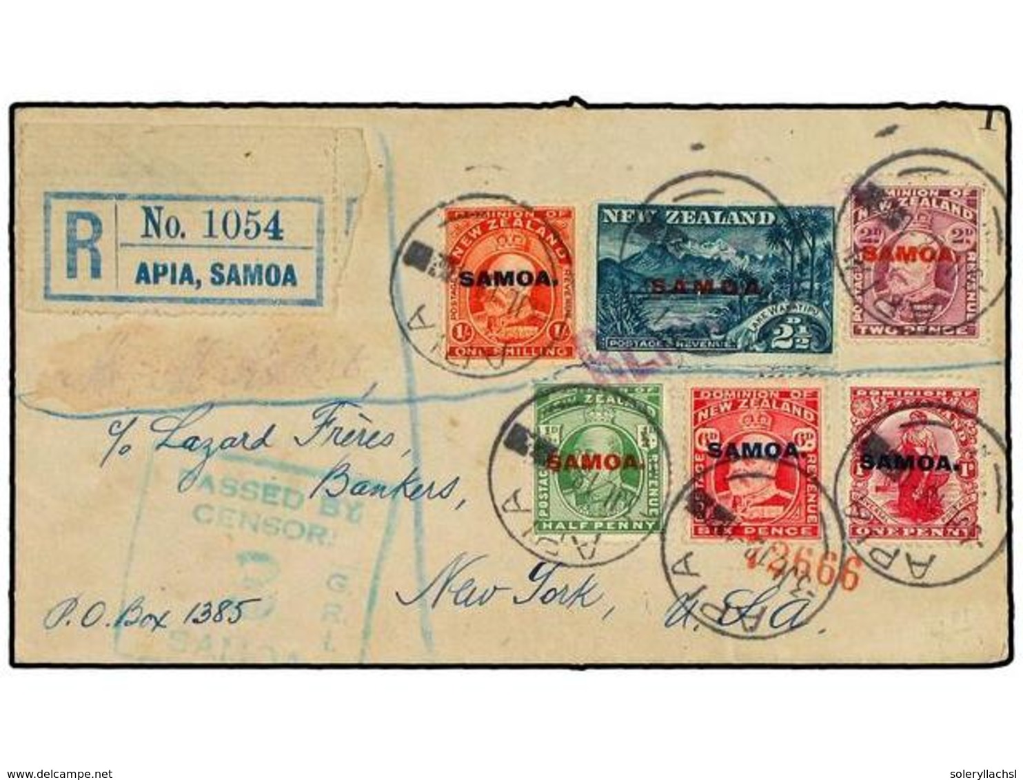 3165 SAMOA. 1918. Registered Cover To NEW YORK With 1914-15 <B>1/2 D., 1 D., 2 D., 2 1/2 D., 6 D. & 1 S.</B> (SG 115-119 - Other & Unclassified