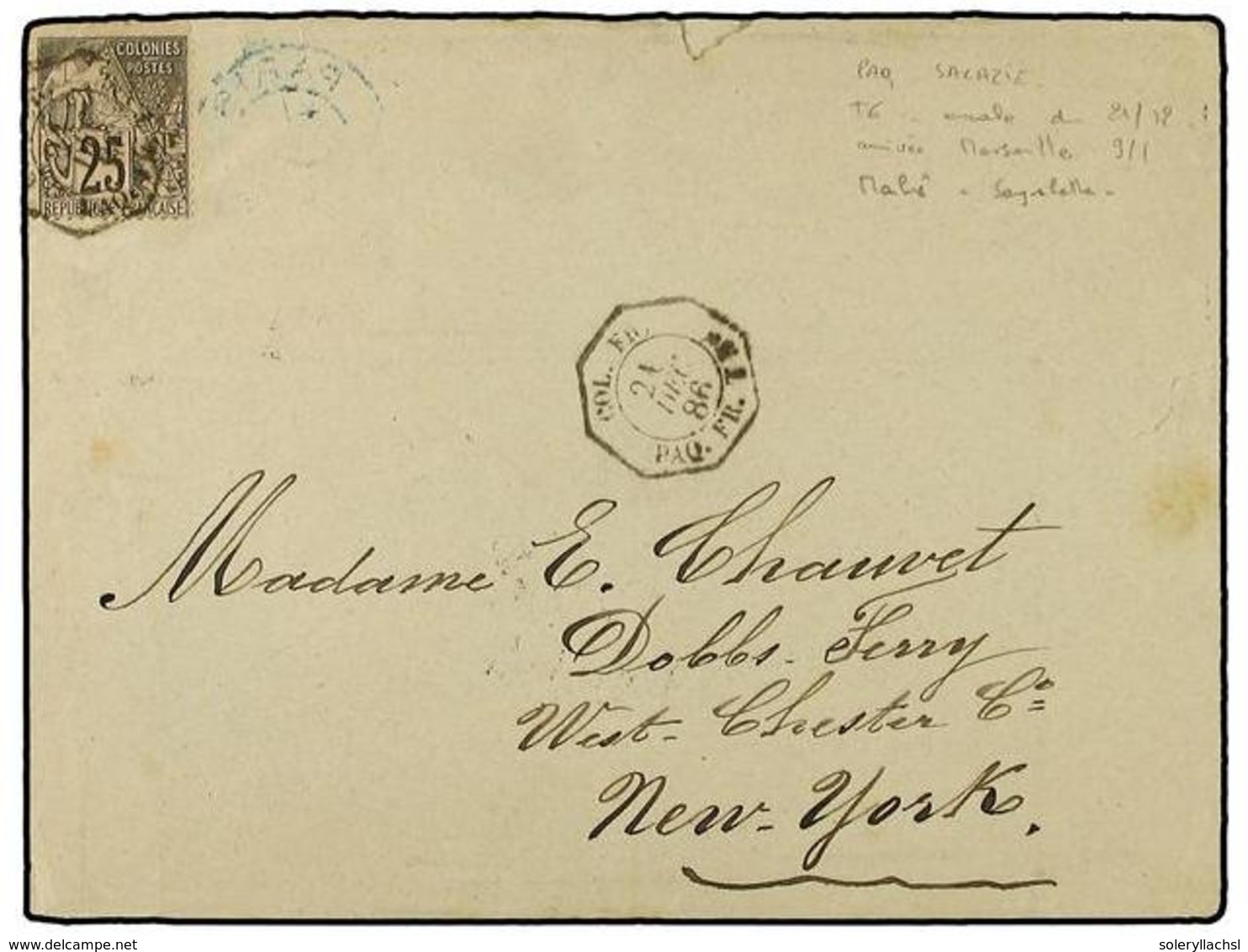 3168 SEYCHELLES. 1886 (21-Dic.). SOBRE Circulado Con Sello De Colonias Francesas De <B>25 Cts.</B> Negro En La Escala De - Sonstige & Ohne Zuordnung