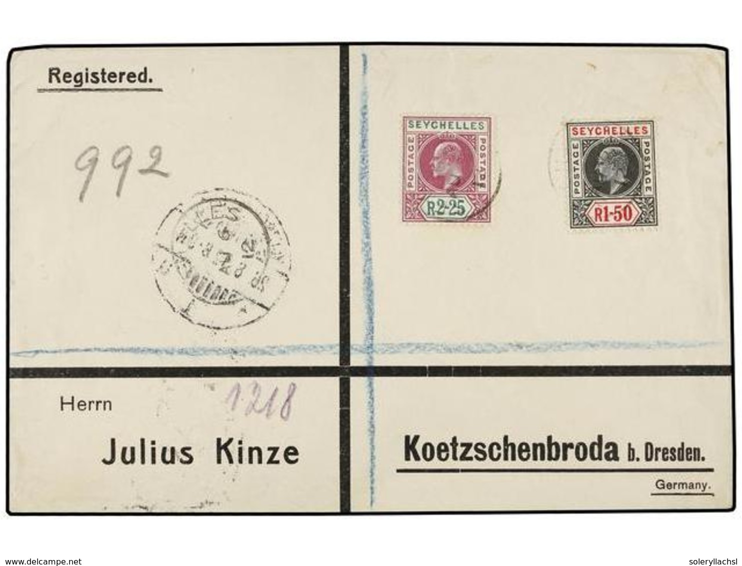 3174 SEYCHELLES. Sg.69, 70. 1912. SEYCHELLES To GERMANY. <B>1,50 R.</B> And<B> 2,25 R.</B> Arrival On Reverse. Rare High - Other & Unclassified