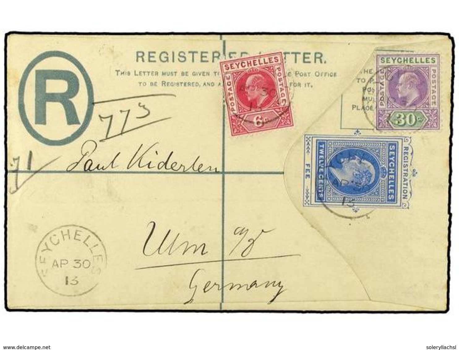 3176 SEYCHELLES. 1913 (April 30). <B>12c</B>. Blue Registered Stationery Envelope To Germany Additionally Franked By 190 - Sonstige & Ohne Zuordnung