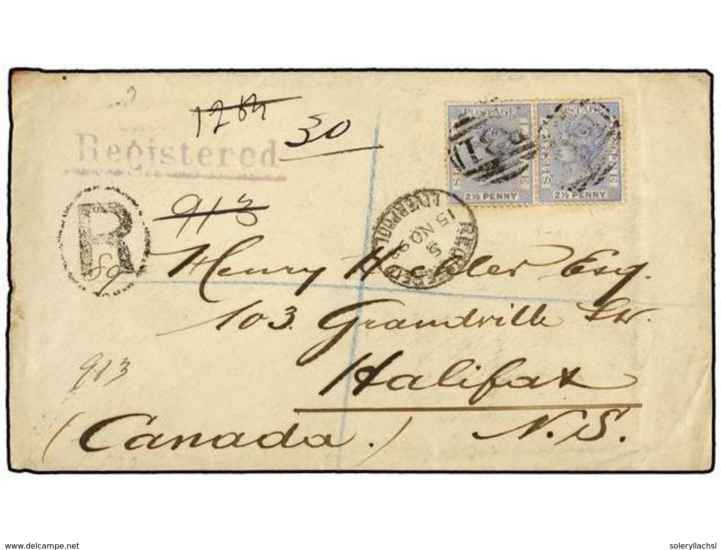 3178 SIERRA LEONA. Sg.31 (2). 1892. FREETOWN To HALIFAX (Canada). <B>2 1/2 P.</B> Blue. Registered Cover. Arrival Cds. O - Sonstige & Ohne Zuordnung