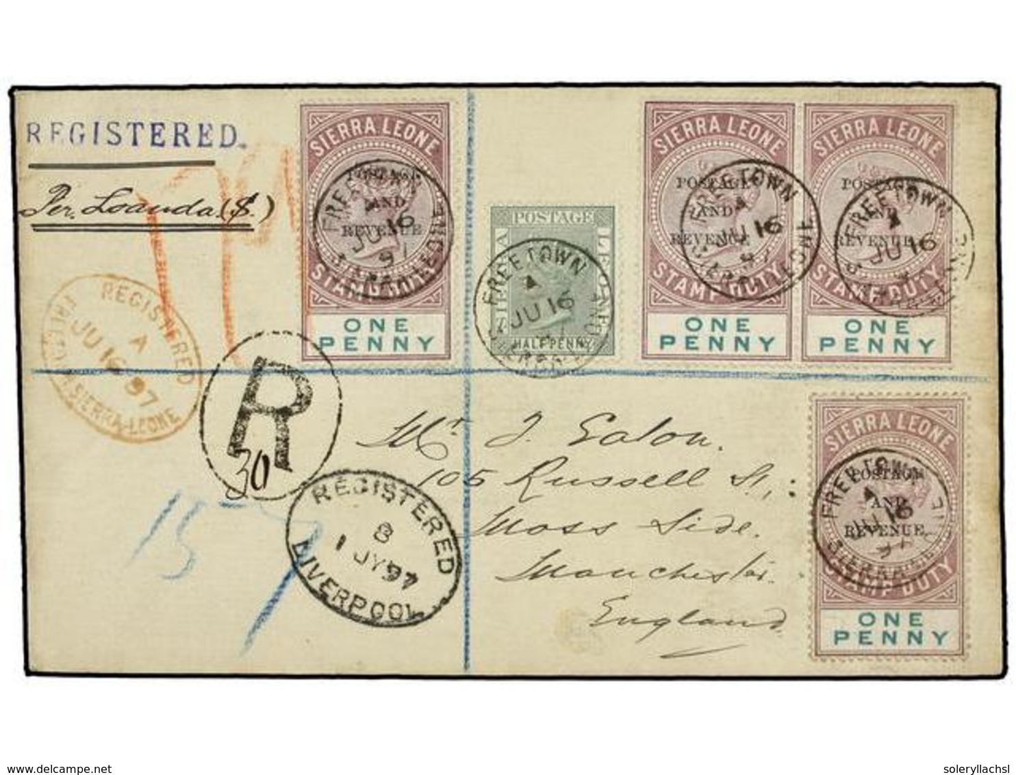 3179 SIERRA LEONA. 1897. FREETOWN To ENGLAND. <B>1 P.</B> Lilac And Green (4) And <B>1/2 P.</B> Green Sent Registered. A - Sonstige & Ohne Zuordnung