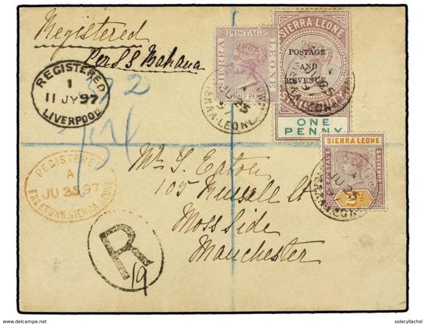 3180 SIERRA LEONA. 1897 (25 June). Envelope Registered To MANCHESTER, Bearing 1889<B> 1 1/2 D. </B>pale Violet, 1896 <B> - Sonstige & Ohne Zuordnung