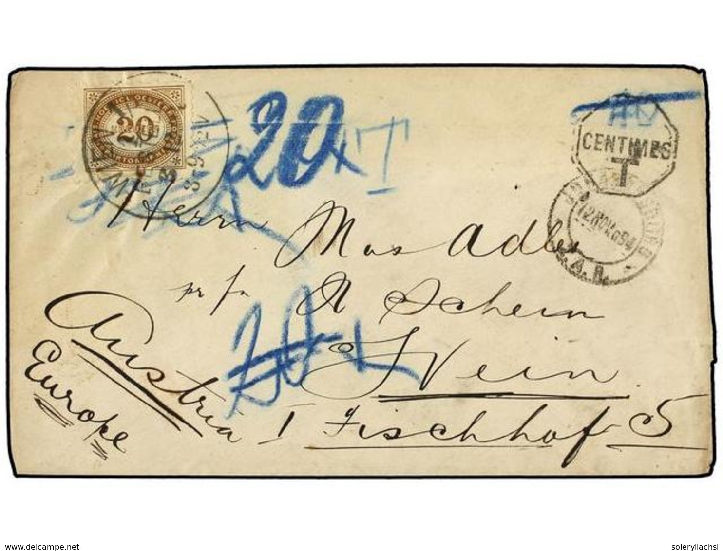 3184 AFRICA DEL SUR. 1894. JOHANNESBURG To AUSTRIA. Unfranked Cover, Taxed On Arrival With Austrian <B>20 He.</B> Stamp. - Sonstige & Ohne Zuordnung