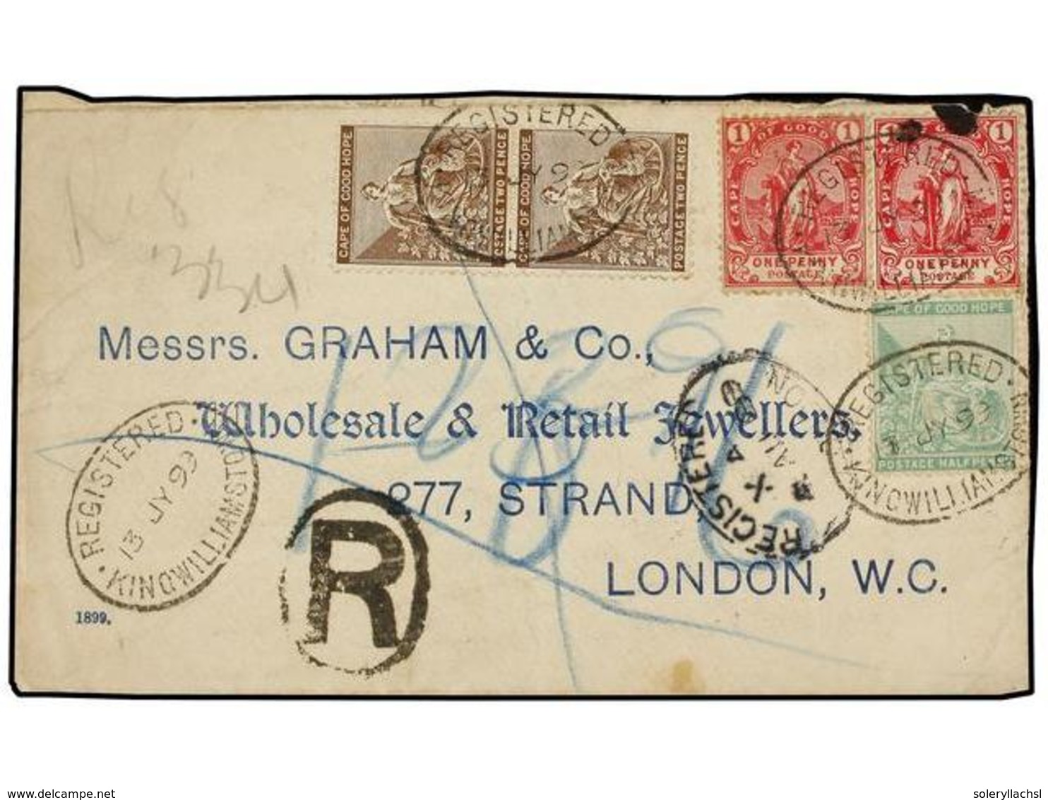 3185 CABO DE BUENA ESPERANZA. 1899. KING WILLIAM'S To LONDON. Registered Cover With <B>1/2p., 1p.</B> (2) And <B>2p.</B> - Other & Unclassified