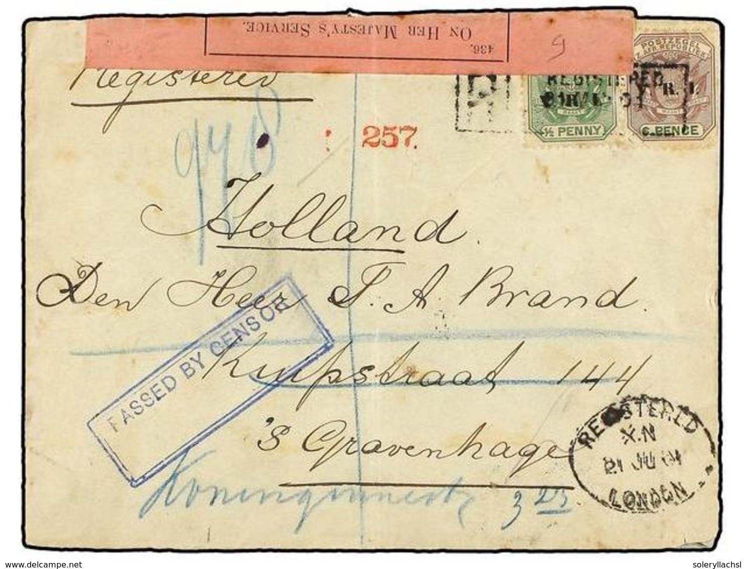 3192 AFRICA DEL SUR. Sg.226, 232. 1901. <B>BOER WAR</B>. PRETORIA To HOLLAND. <B>1/2 P.</B> And <B>6 P.</B> Registered C - Other & Unclassified