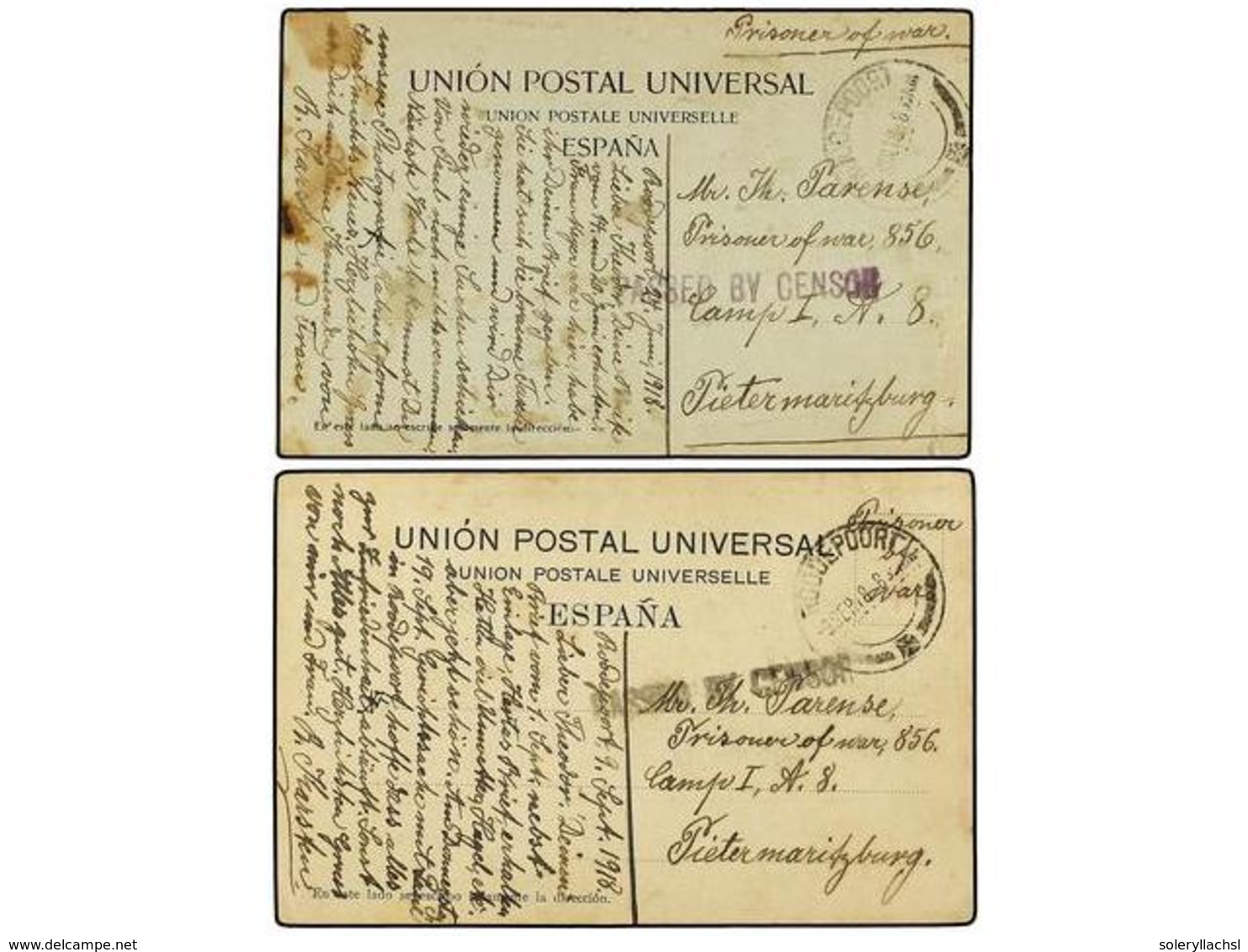 3194 AFRICA DEL SUR. 1918. <B>PRISONER'S OF WAR. </B>2 Cards From ROODEPOORT To PIETERMARITZBURG. - Sonstige & Ohne Zuordnung