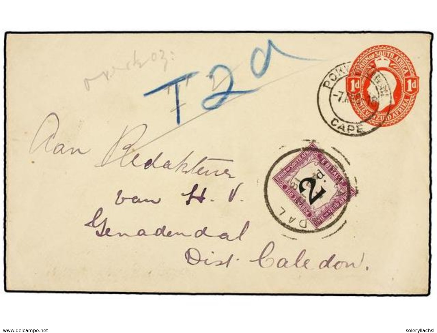 3195 AFRICA DEL SUR. 1919. CAPE To GENADENDAL. <B>1 D. </B>red Postal Stationary Envelope, Taxed On Arrival With <B>2 D. - Sonstige & Ohne Zuordnung