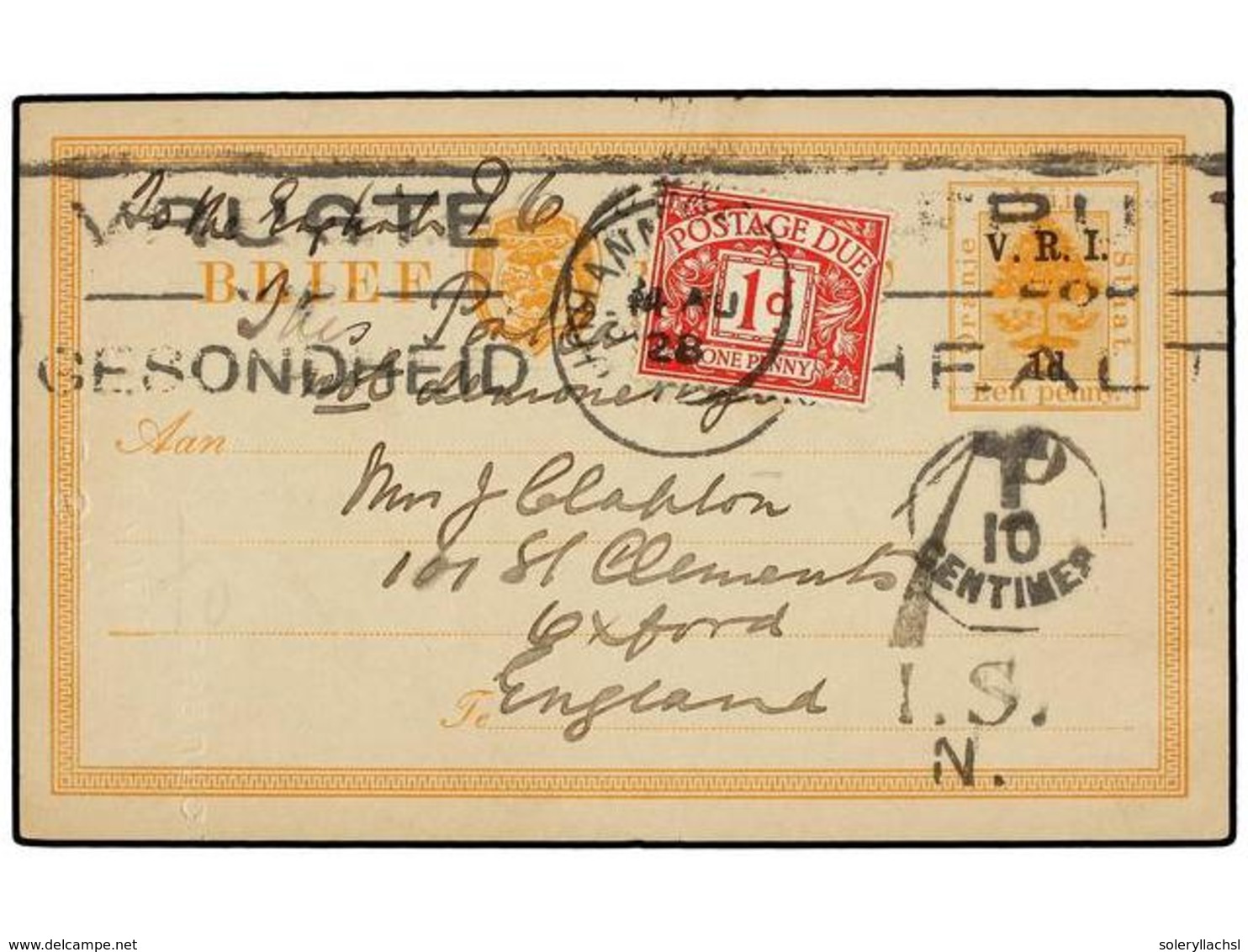 3197 AFRICA DEL SUR. 1928. JOHANNESBURG To ENGLAND. <B>1 D. </B>orange Postal Stationary Card <B>V.R.I.</B> Taxed On Arr - Other & Unclassified