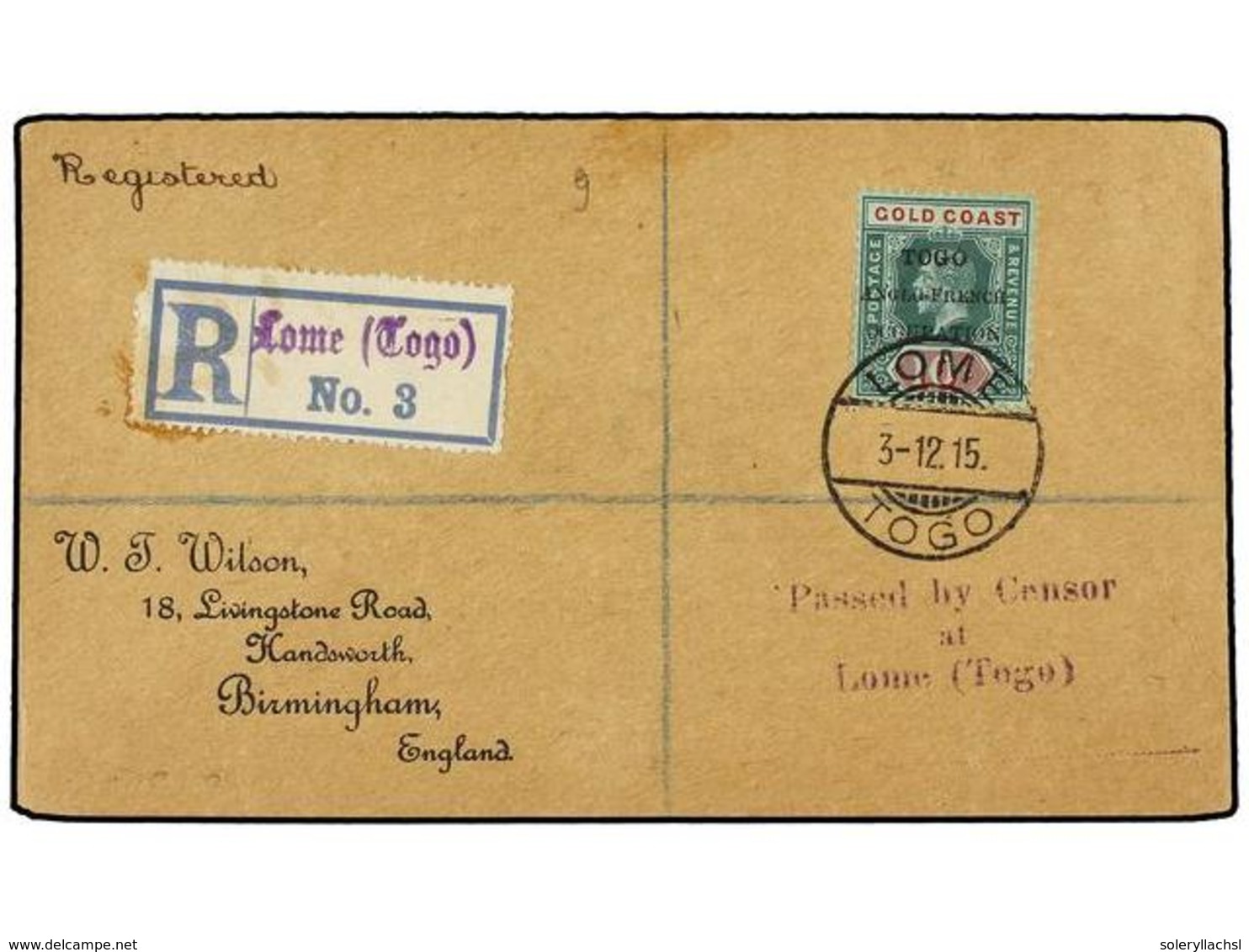 3201 TOGO. Sg.H45. 1915. ANGLO FRENCH OCCUPATION. LOME To GREAT BRITAIN. <B>10 Sh.</B> Green And Red. Registered Cover.  - Sonstige & Ohne Zuordnung