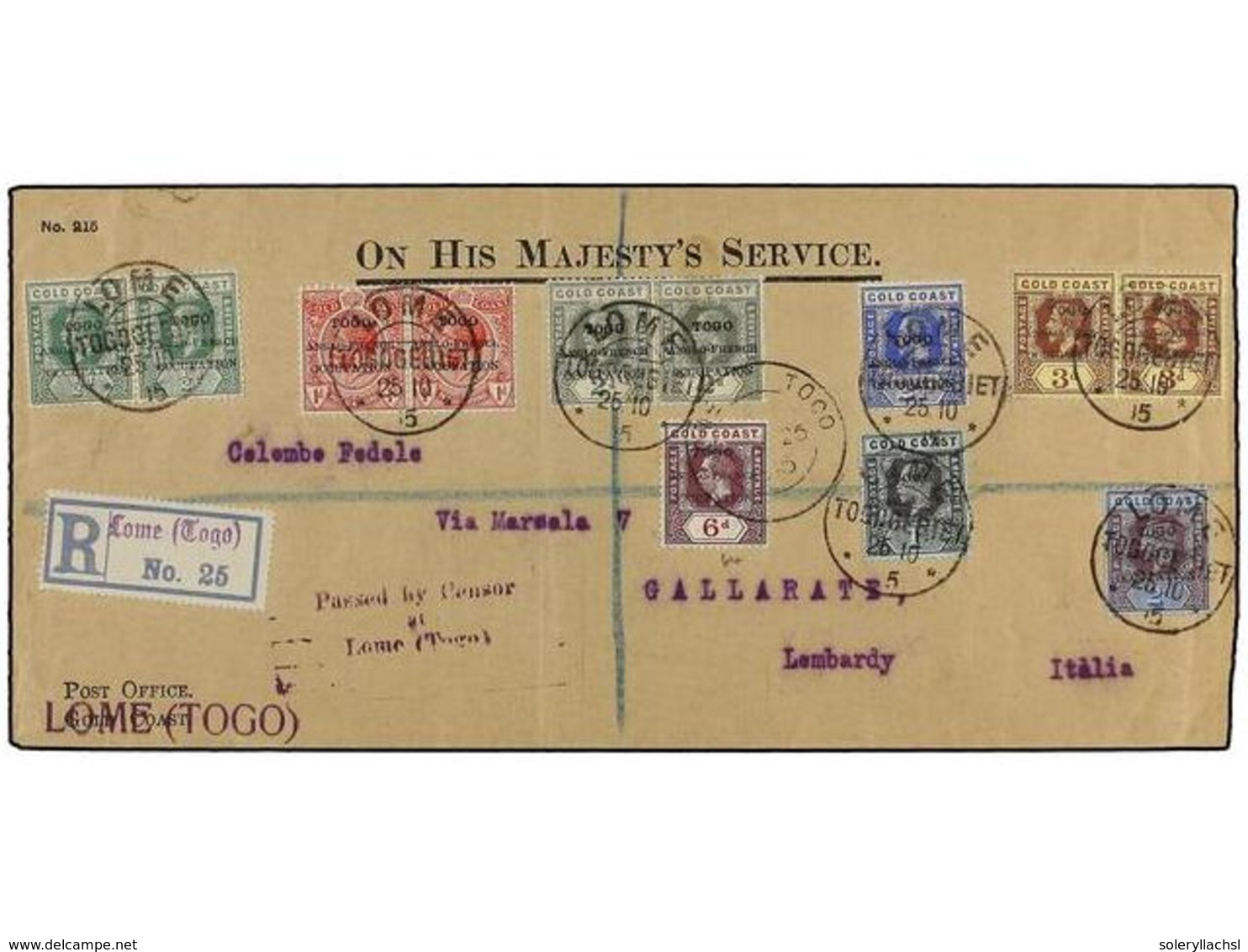 3202 TOGO. 1915. Registered Cover Used To ITALY Bearing KGV Values To <B>2/-</B> Cancelled By The <B>LOME/TOGO</B> Cds's - Sonstige & Ohne Zuordnung