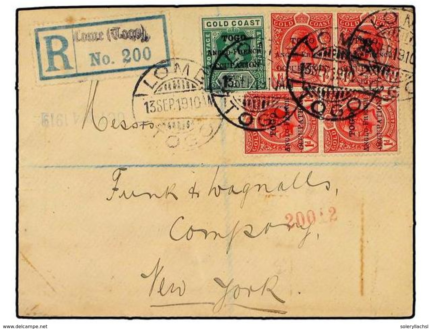 3203 TOGO. 1919. Registered Cover Used To NEW YORK Bearing <B>1/2 D. & 1 D. X4</B> Ovpts Tied By The <B>LOME TOGO</B> Cd - Sonstige & Ohne Zuordnung