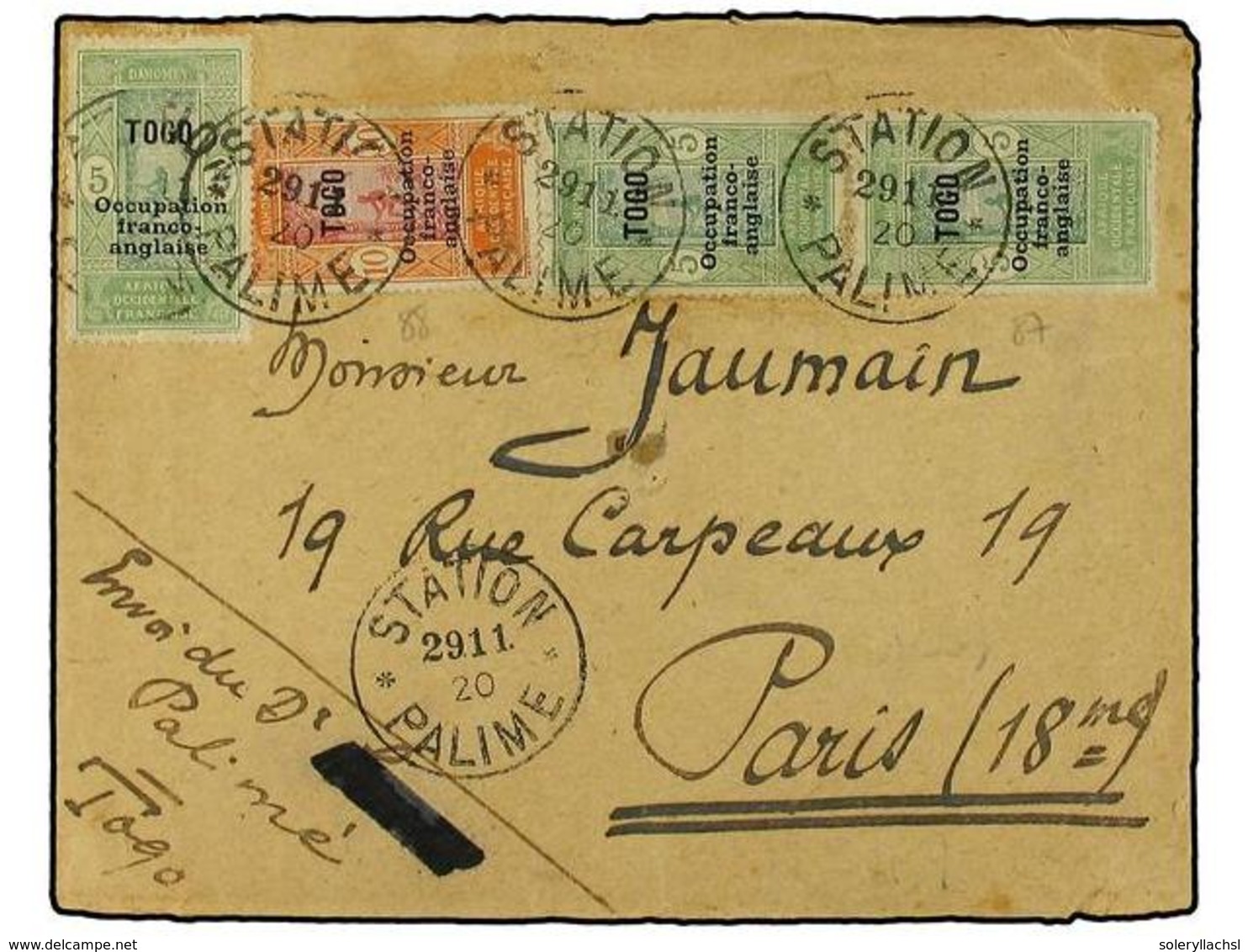 3204 TOGO. 1920. French Occupation Mail To France Bearing French Togo <B>5 Cent</B> Green (4) (Yvert 87) And <B>10 Cent< - Sonstige & Ohne Zuordnung