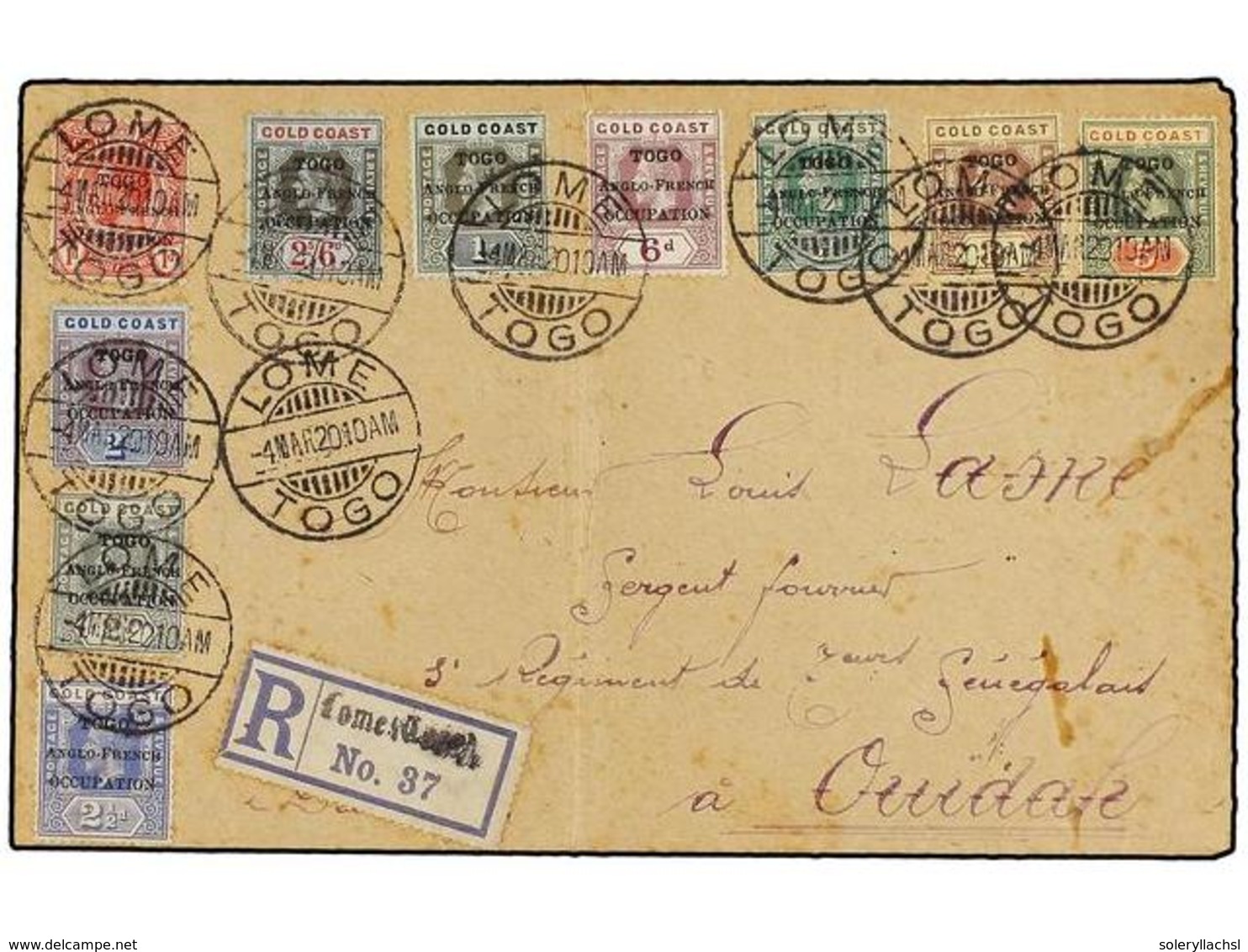 3205 TOGO. Sg.H34/44. 1920. ANGLO FRENCH OCCUPATION. LOME To OVIDAH (Dahomey). Espectacular Franking, Transit And Arriva - Other & Unclassified