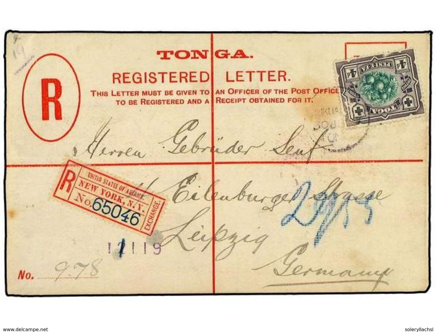 3211 TONGA. 1900. <B>4 D.</B> Postal Stationery Reg Envelope Bearing <B>4 D.</B> (SG 45) Cancelled By The <B>NUKUALOEA</ - Sonstige & Ohne Zuordnung