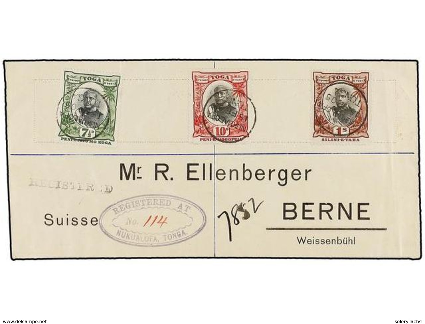 3213 TONGA. Sg.48, 49, 50. 1905. NUKUALOFA To SWITZERLAND. <B>7 1/2 D., 10 D.</B> And <B>1 Sh.</B> Arrival Cds On Revers - Sonstige & Ohne Zuordnung