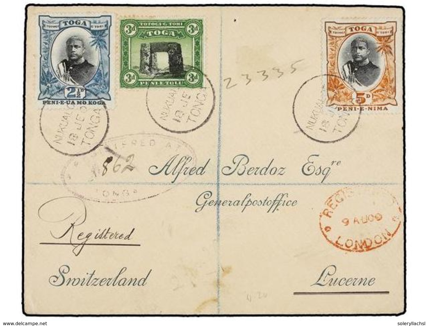 3217 TONGA. Sg.43, 44, 46. 1909. NUKUALOFA To SWITZERLAND. <B>2 1/2 D., 3 D.</B> And <B>5 D.</B> Stamps, Arrival Cds On  - Other & Unclassified