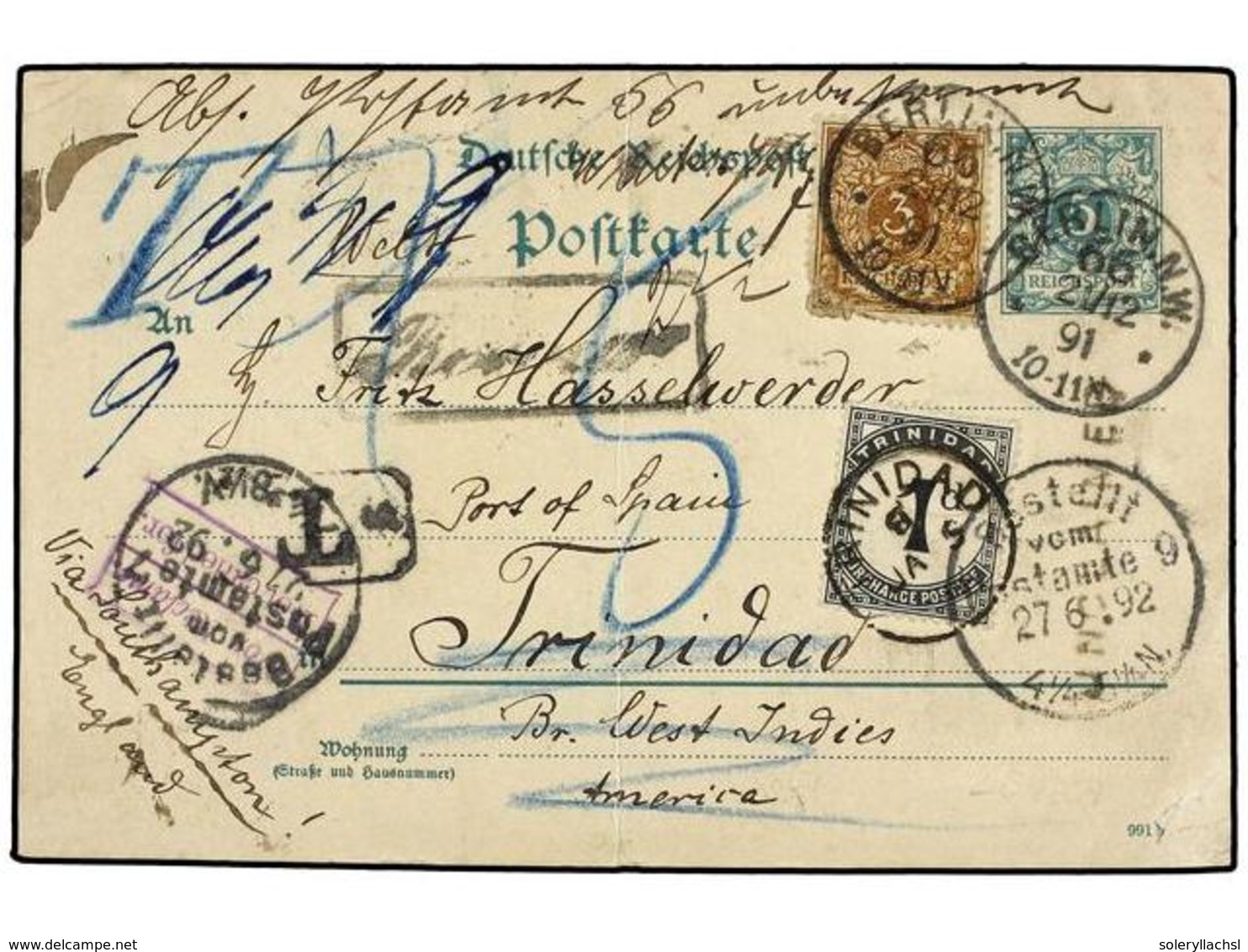 3231 TRINIDAD. 1891. BERLIN (Germany) To PORT OF SPAIN. <B>5 Pf. </B>green German Postal Stationery Uprated With <B>3 P. - Other & Unclassified