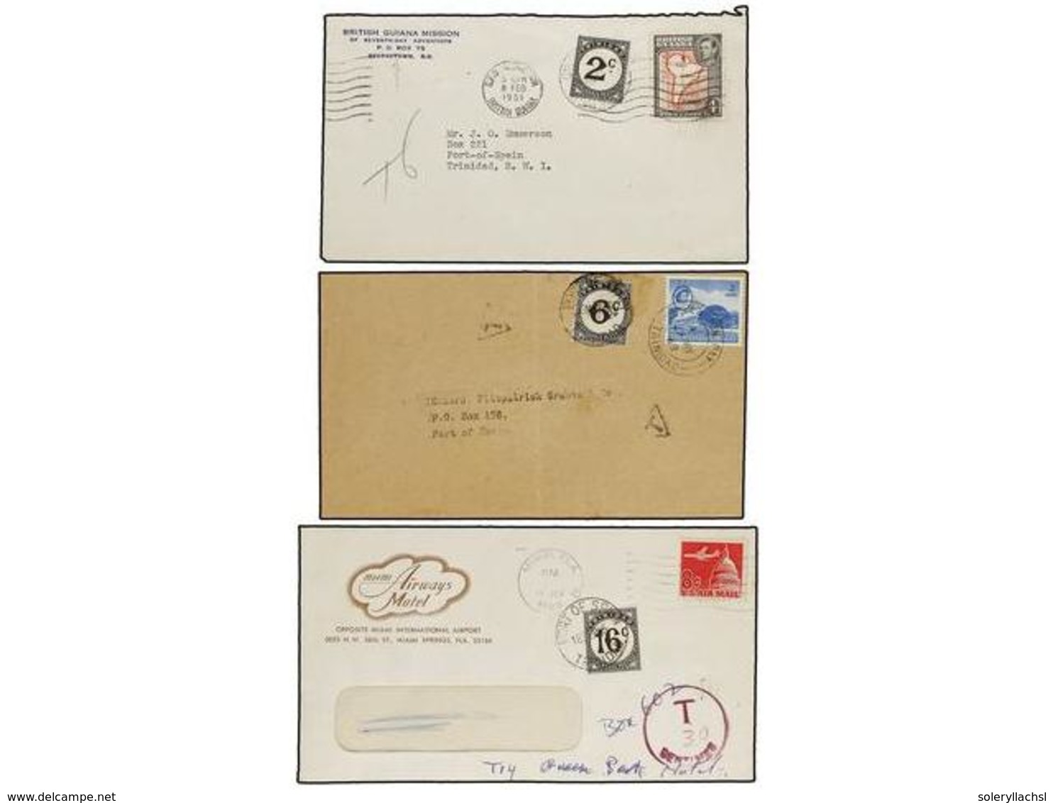 3237 TRINIDAD. 1951-65. Three Covers From British Guiana, Trinidad And USA Taxed With Trinidad Postage Due Stamps. - Other & Unclassified
