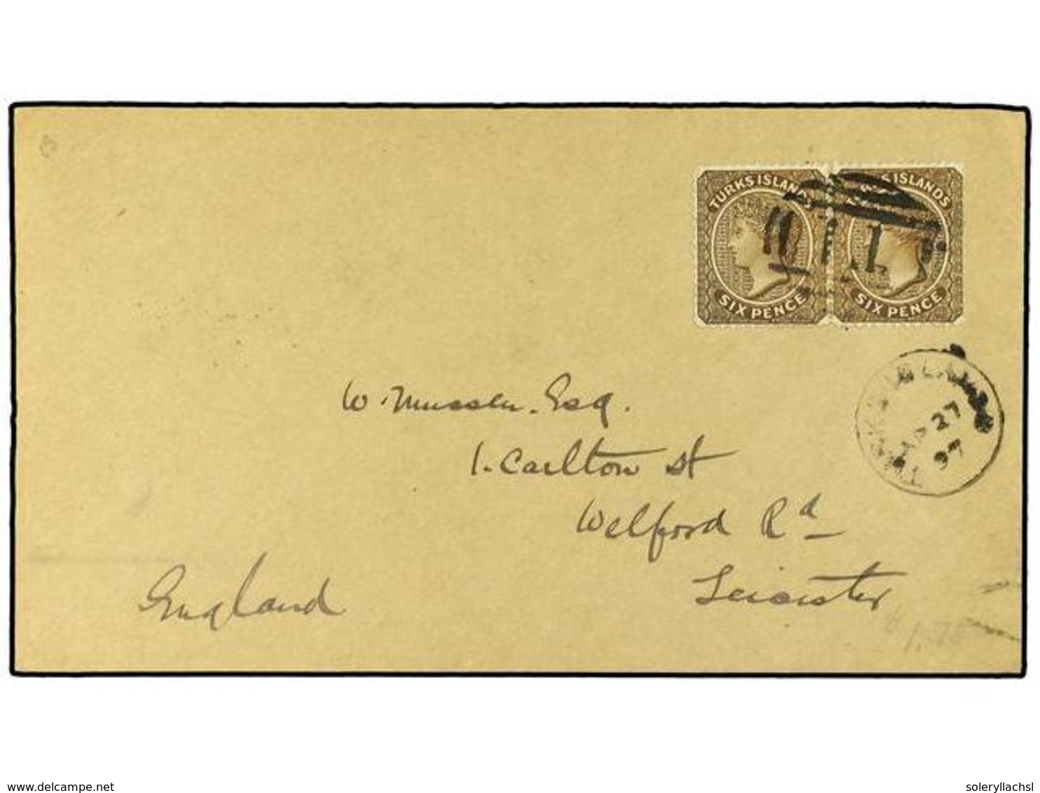 3239 TURKS Y CAICOS. 1897 (April 27). Cover To Leicester Franked By 1889 <B>6d</B>. Yellow Brown Pair Tied By <B>'T1'</B - Other & Unclassified