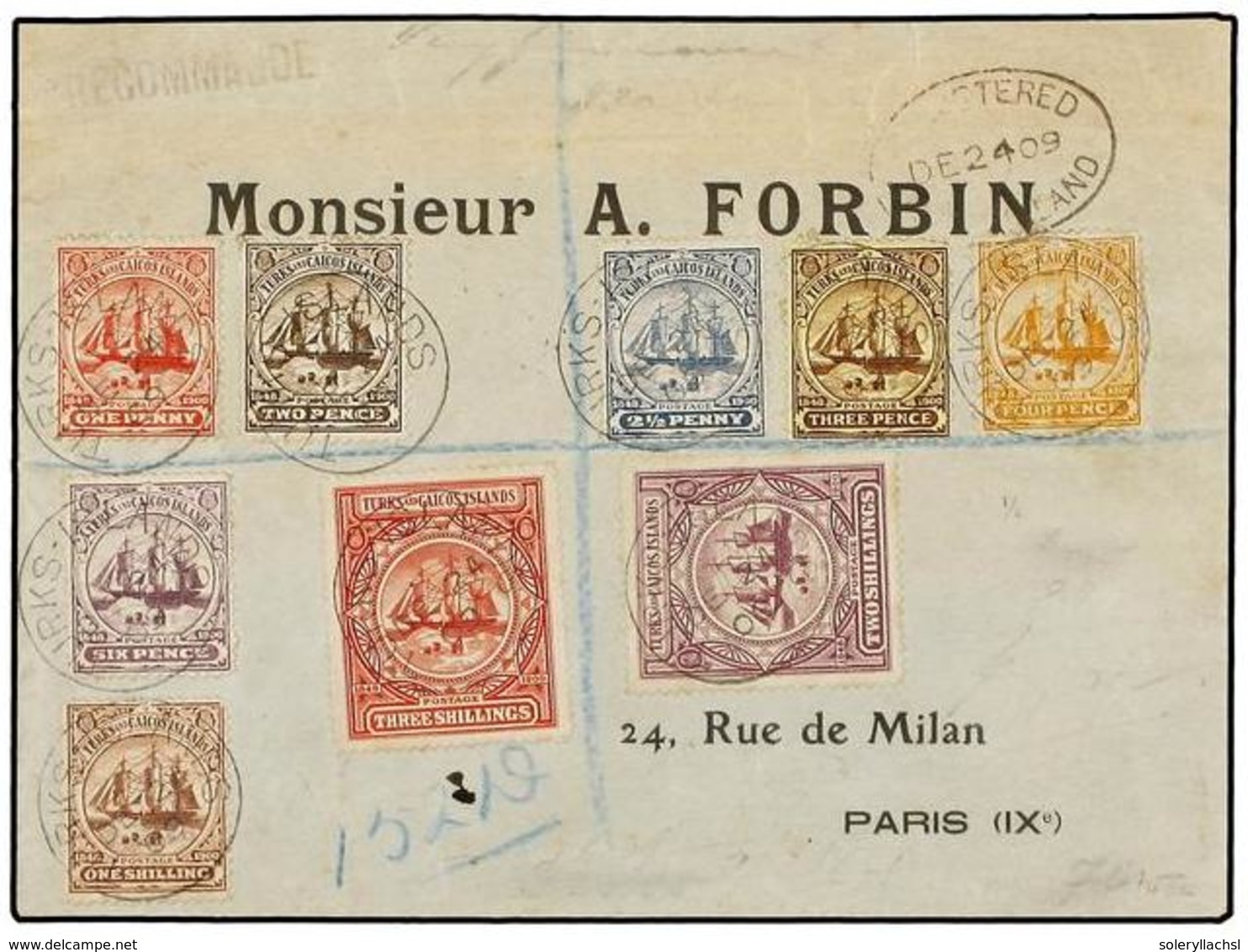 3240 TURKS Y CAICOS. Sg.101/109. 1909 (Dec 24). Registered Cover To FORBIN In Paris Franked By <B>complete Set Of Nine</ - Sonstige & Ohne Zuordnung