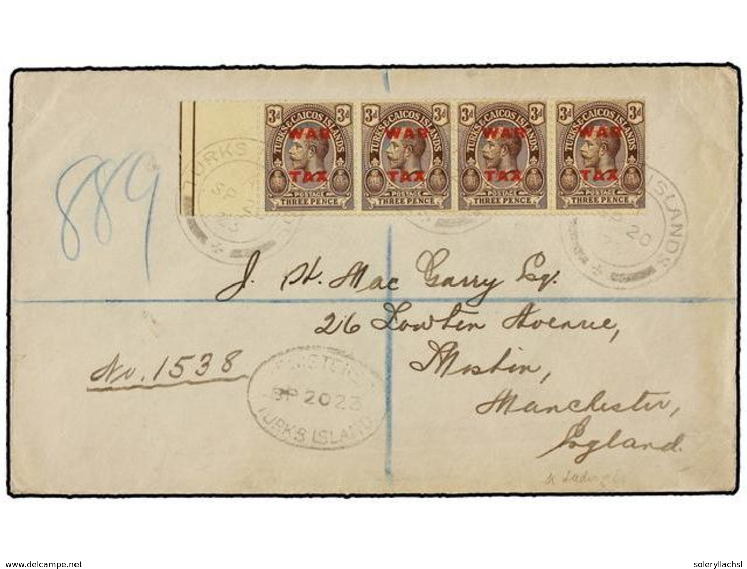 3241 TURQUIA. Sg.147 (4). 1923. TURKS To ENGLAND. Envelope Franked With A Strip Of Four <B>3 D.</B> <B>WAR FAX</B> Stamp - Other & Unclassified