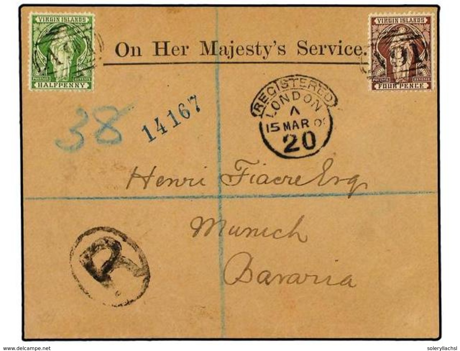 3242 ISLAS VIRGENES. 1900. <B>O.H.M.S.</B> Envelope <B>REGISTERED</B> To GERMANY Bearing <B>1/2 D. & 4 D.</B> Tied By Th - Sonstige & Ohne Zuordnung