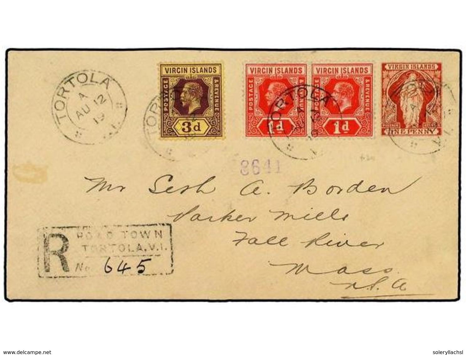 3244 ISLAS VIRGENES. 1919. <B>1 D.</B> Postal Stationery Envelope Bearing <B>1 D.</B> Pair & <B>3 D.</B> Cancelled By Th - Other & Unclassified