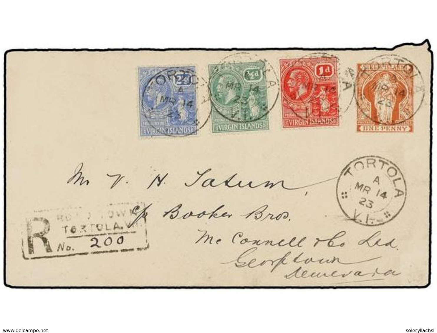 3246 ISLAS VIRGENES. 1923. TORTOLA To GEORGETOWN (Demerara). <B>1 D.</B> Postal Stationary Envelope Uprated With <B>1/2  - Other & Unclassified