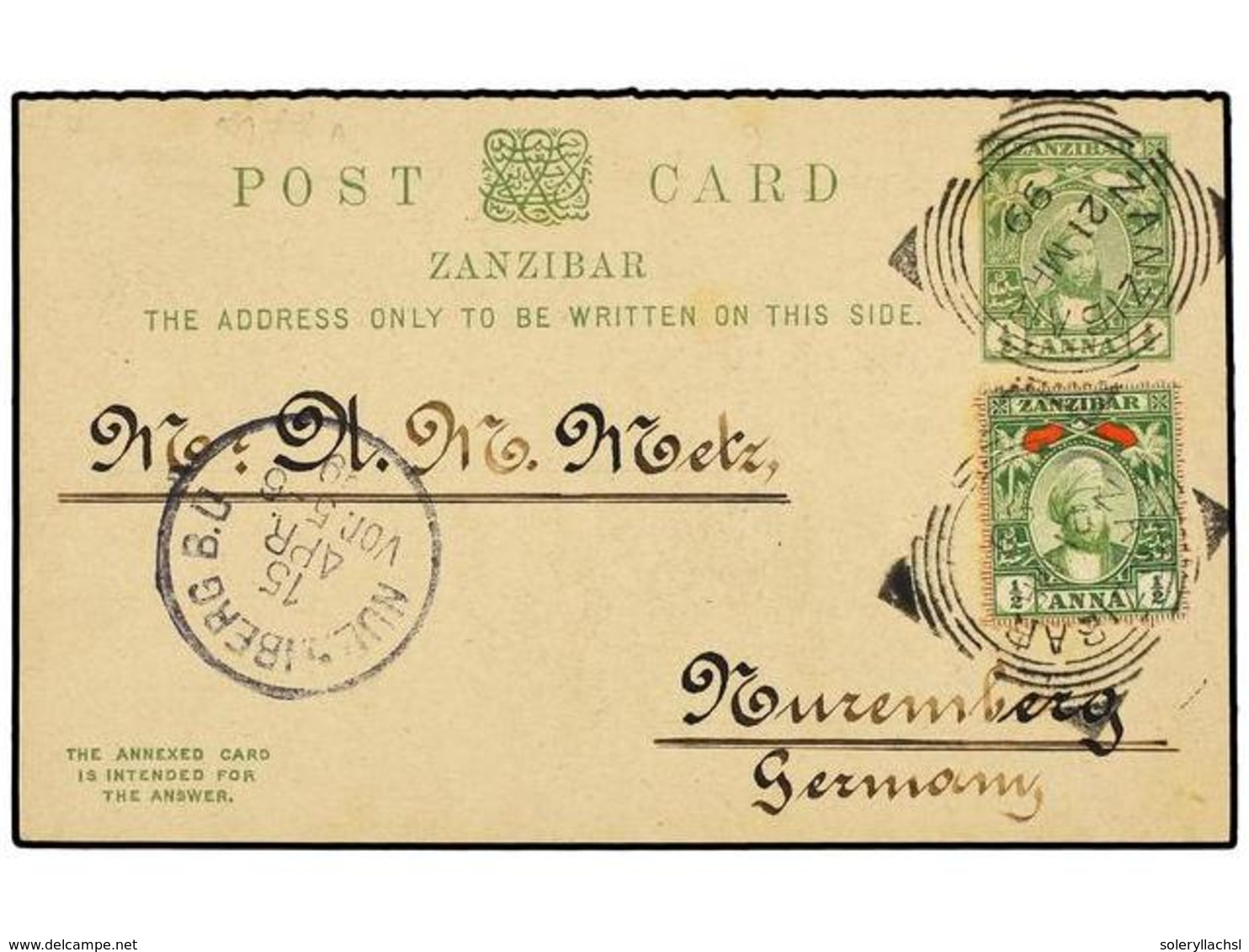 3248 ZANZIBAR. 1899. ZANZIBAR To GERMANY. Postal Stationery Of <B>1/2 Anna</B> Green Uprated With <B>1/2 Anna</B> Stamp. - Other & Unclassified